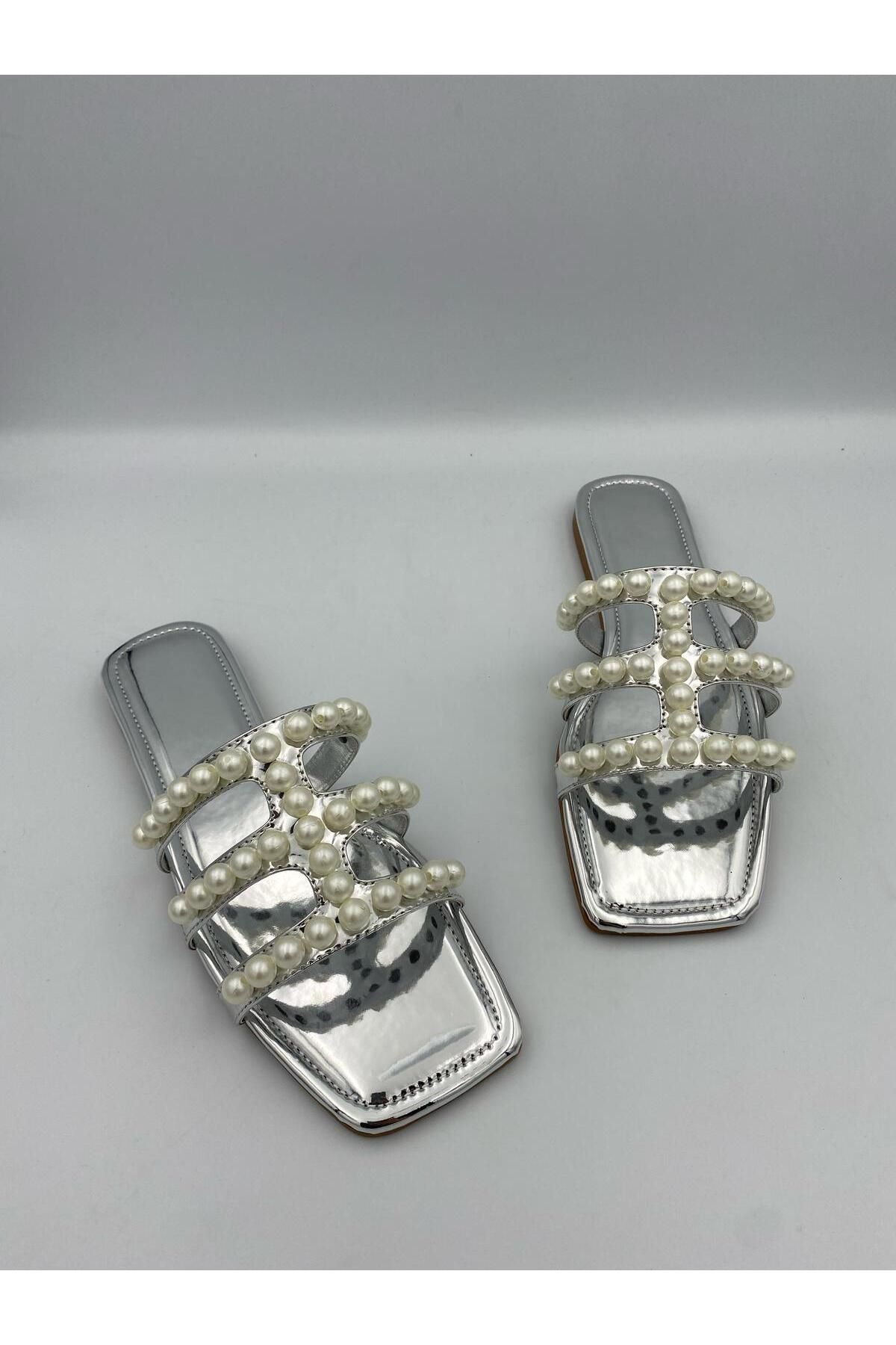 Ömer Ediz Shoes-Perpa Pearl Detailed Transparent Banded Women's Slippers – Summer Flat Sandals 1
