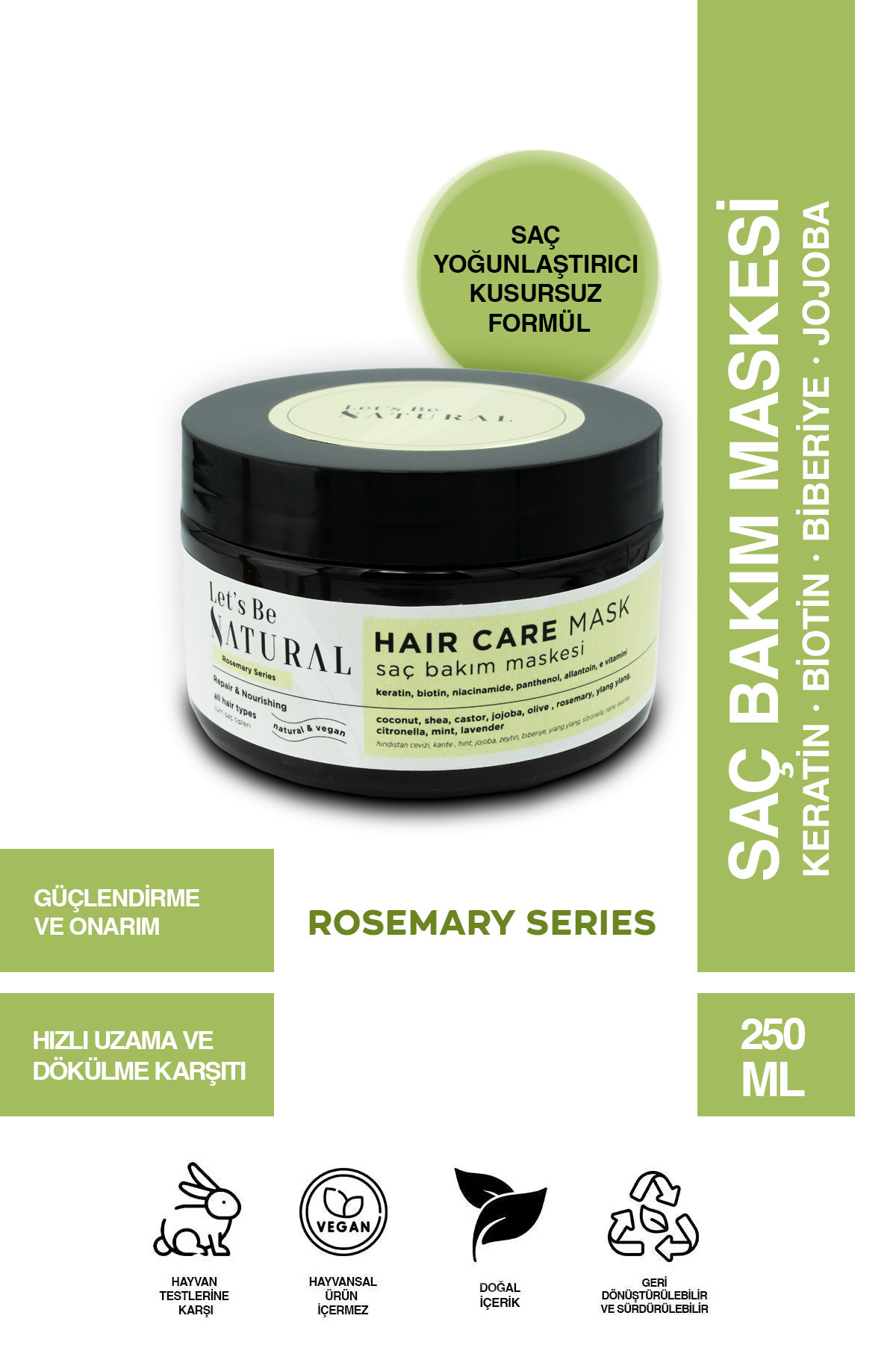Let's Be NATURAL Saç Bakım Maskesi 250 ml Biberiye, Biotin, Keratin İçeren Formül Yıpranmış ve Hasar Görmüş Saçlar — SBM