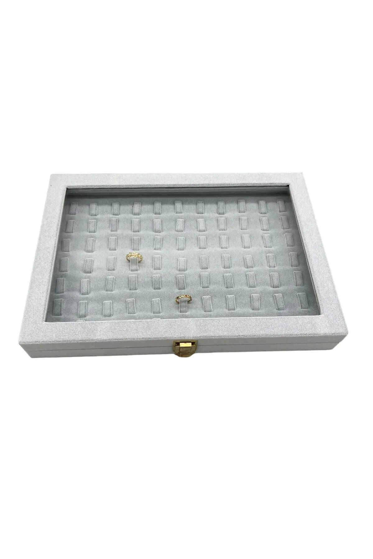 MeGass Dekor Cam Kapaklı Süet Kumaş Gri Renk 34 Cm / 24 Cm Tırnaklı Yüzük Sergileme Standı