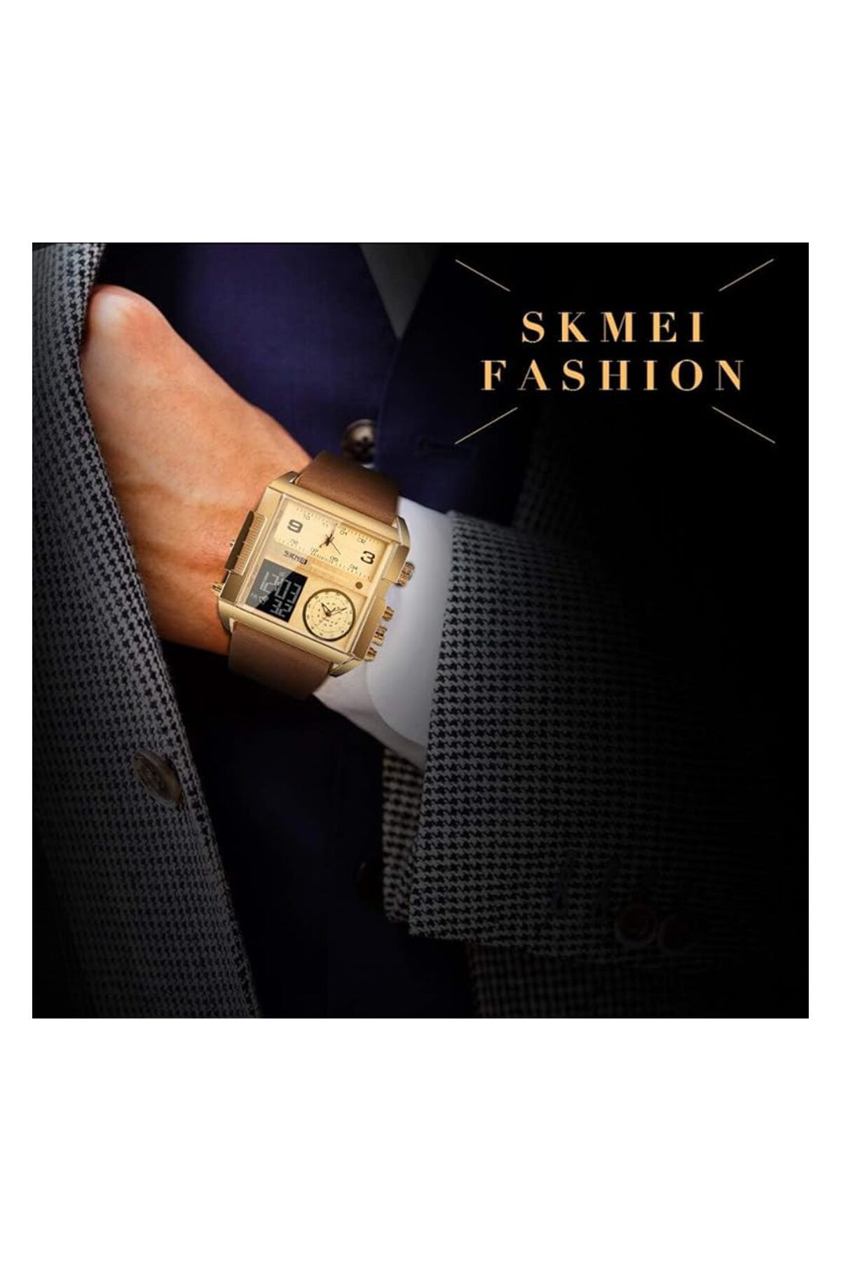 Generic-Men Unique Analog Watch With Dual Dial Cool Design Leather Band Dual Time Watches Analog Quartz 4