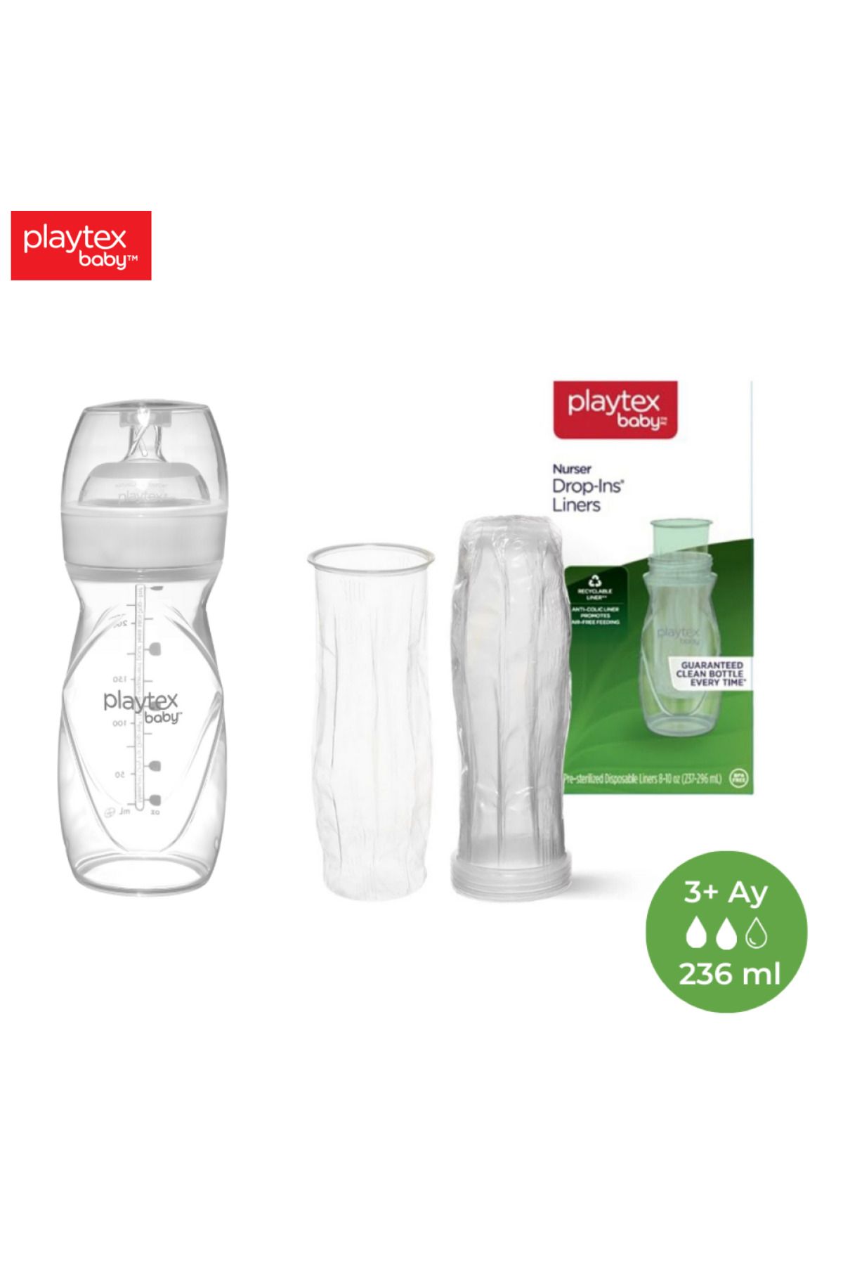 Playtex Baby Yenidoğan Biberon Seti, 236 ml, 3+ Ay, Yavaş Akış + 100 Tek Kullanımlık Torba.