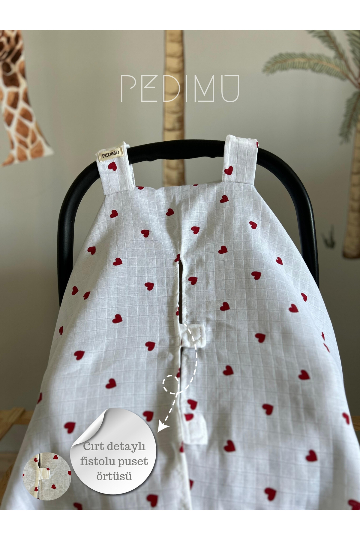 Pedimu Müslin Kırmızı Kalp Desenli Cırtlı Müslin Puset Örtüsü %100 Cotton fotoğrafı 3 (önizleme)