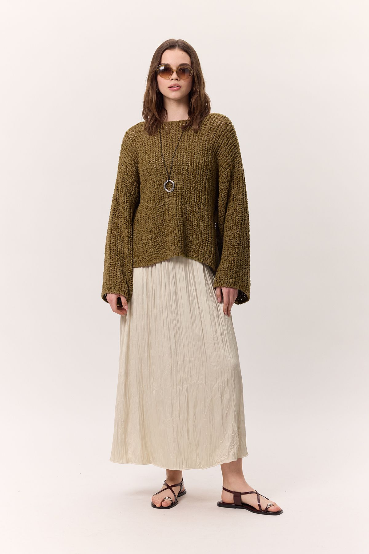 Manuka-Grüner STRICKPULLOVER MIT NETZSTRICK 4