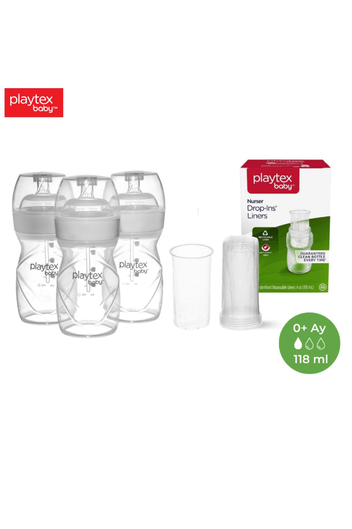 Playtex Baby Yenidoğan Biberon Seti, 118ml, 0+ Ay, Yavaş Akış + 100 Tek Kullanımlık Torba.