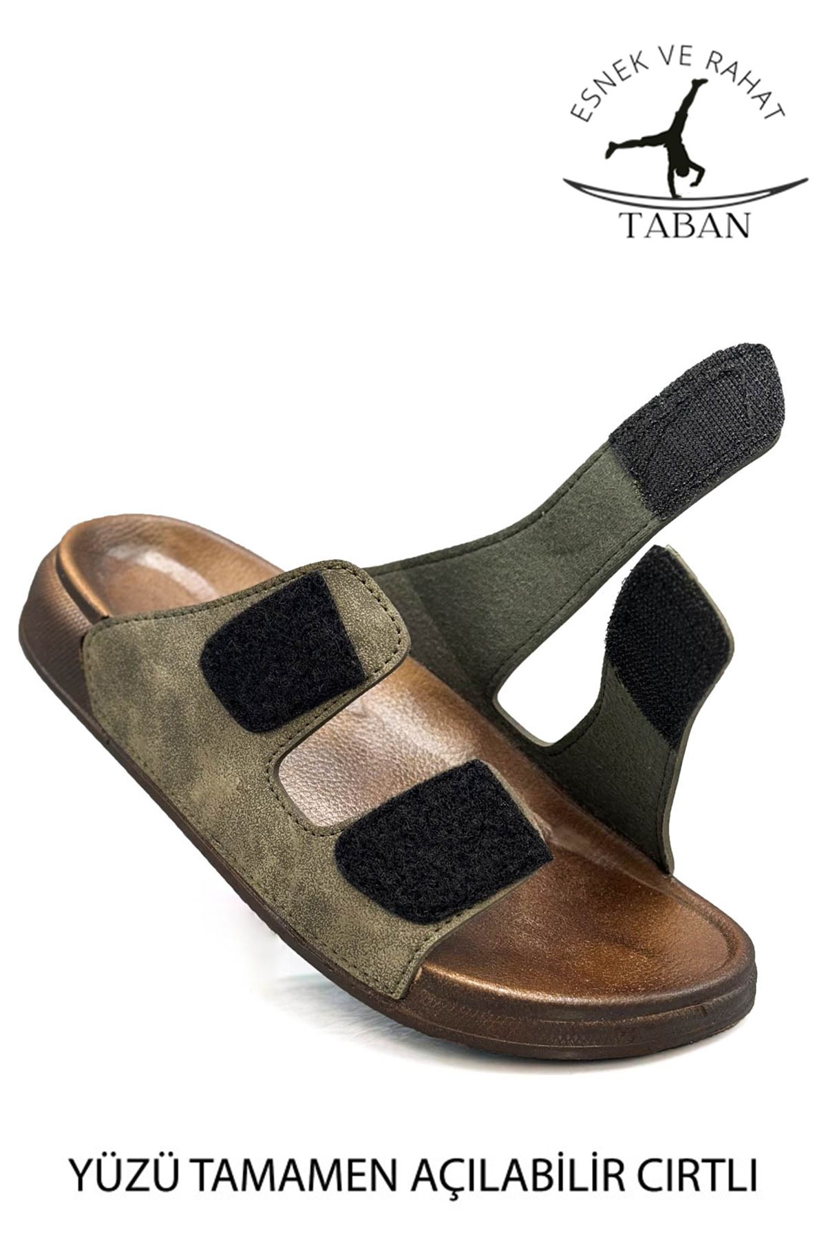 sermoda-Double Buckle Adjustable Width Flexible Comfortable Leather Men's Slippers 25103 C Khaki 1