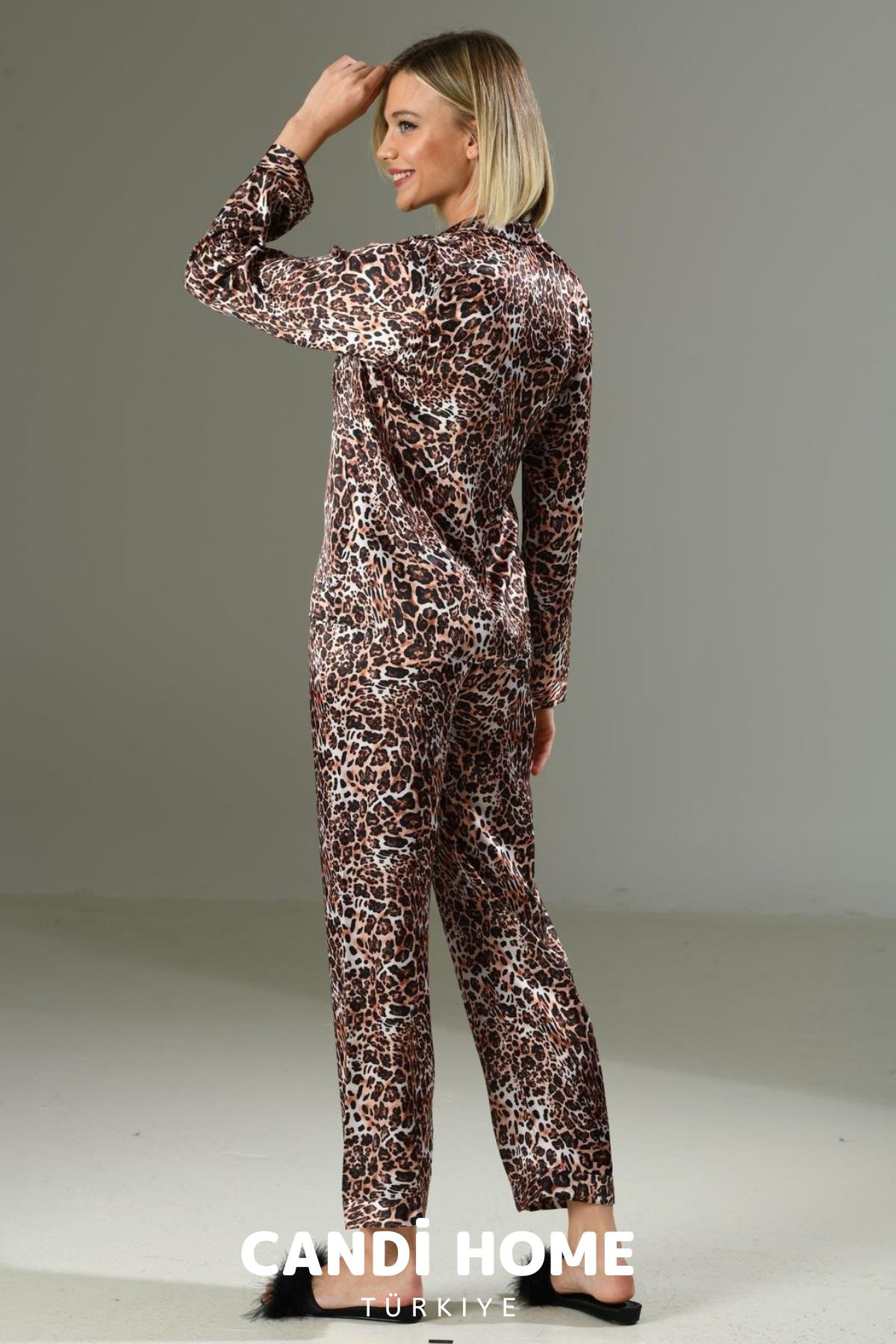 HOBİ CONDİ-Deluxe Design Model Special Series Soft Texture Feature Leopard Pattern Satin Nightgown Set 6