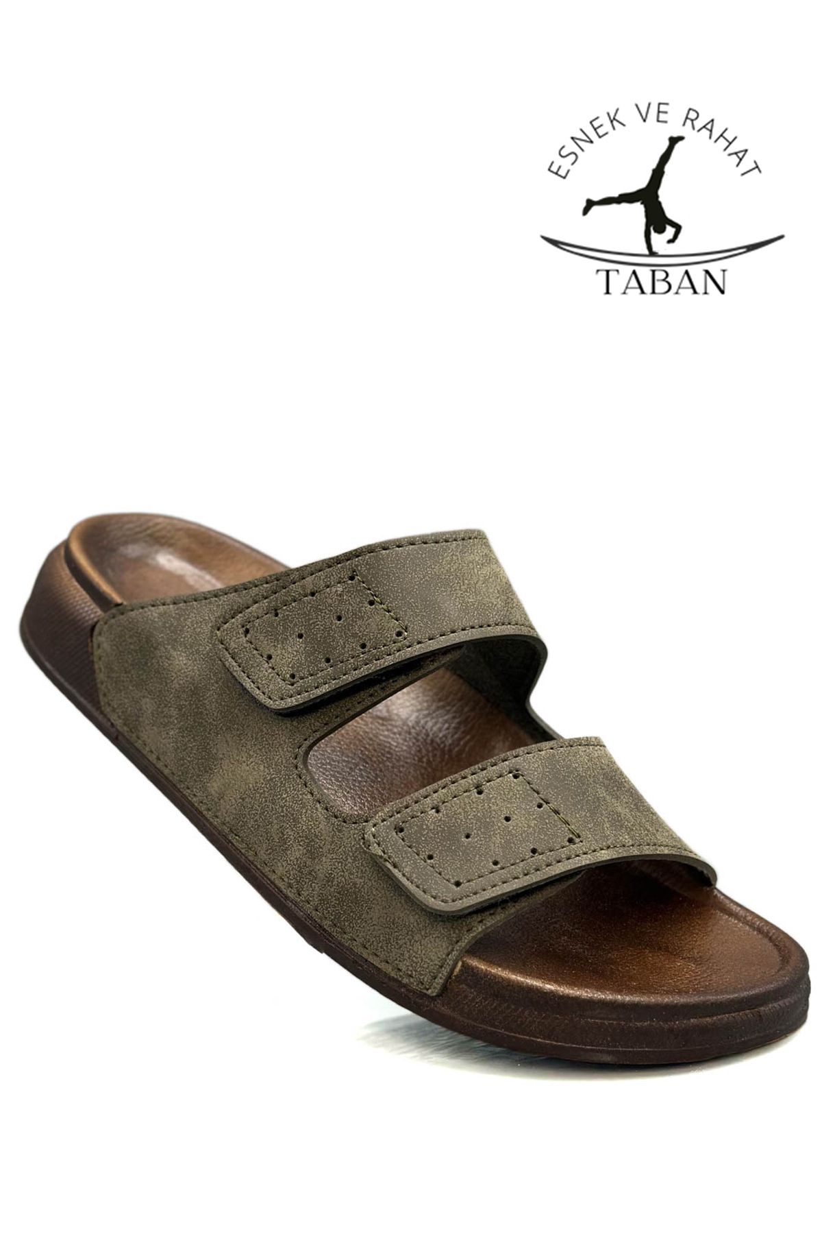 sermoda-Double Buckle Adjustable Width Flexible Comfortable Leather Men's Slippers 25103 C Khaki 4