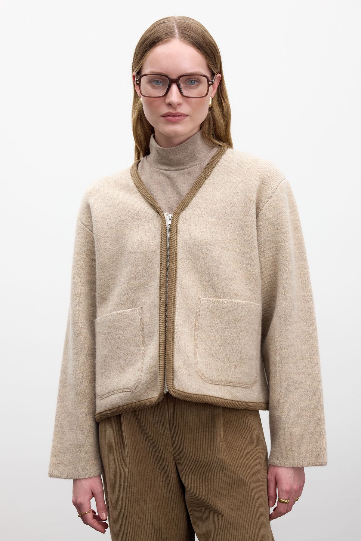 Manuka-Plain Knitted Zippered Knitwear Beige 3