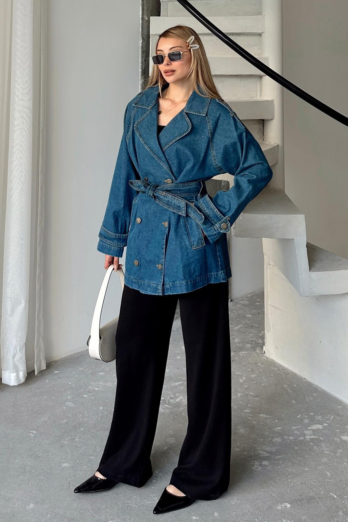 Olcay-Epaulet Detailed Oversize Denim Jacket Dark Blue 8251 5