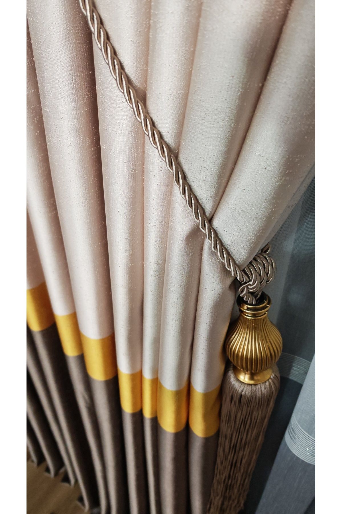 Yuka-Milano Adde Panel Background Curtain, Mink Brown and Gold Stripe Single Wing 1/3 Dense Pleated 2