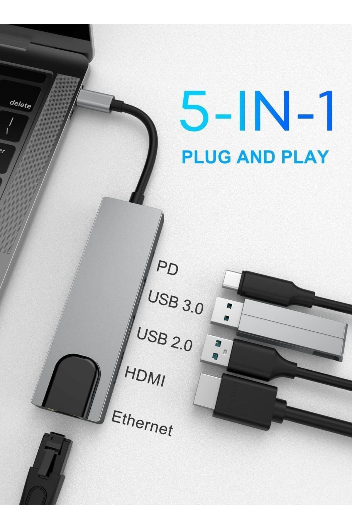 COOYA-محطة إرساء USB C 5 في 1، محول متعدد المنافذ مع HDMI 4K، توصيل طاقة PD 100 وات، 2 USB، إيثرنت 3