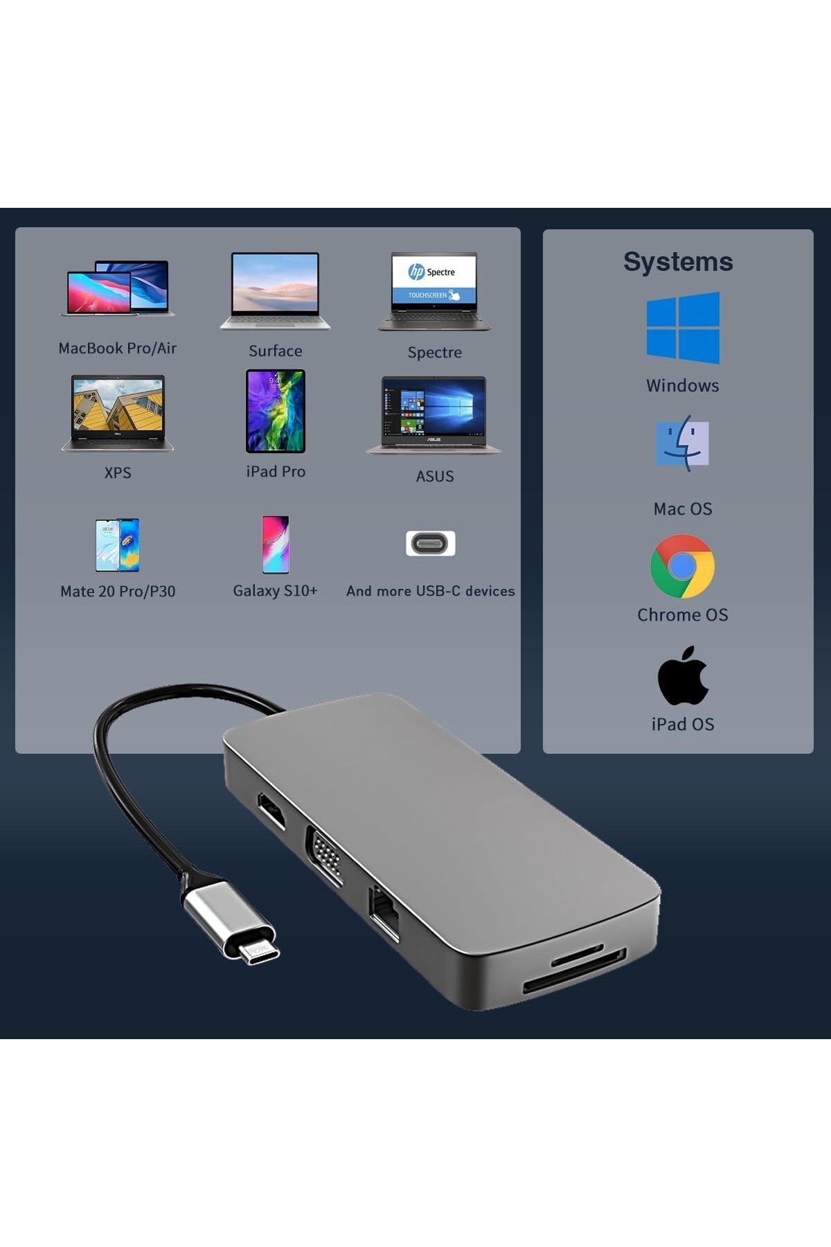 COOYA-محول 10 في 1 من USB C إلى HDMI 4K، مع VGA، ومنفذ شحن PD، ومنفذ Gigabit Ethernet، وقارئ بطاقة SD 7