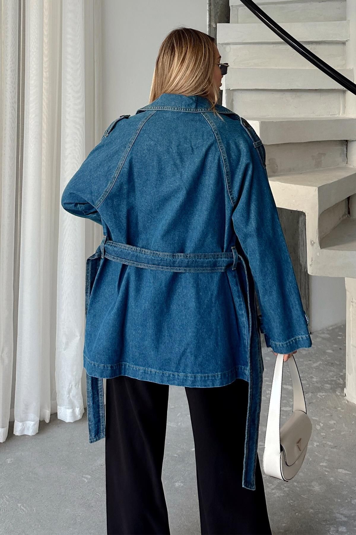 Olcay-Epaulet Detailed Oversize Denim Jacket Dark Blue 8251 8