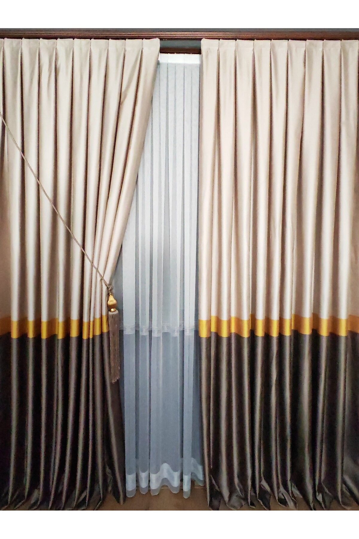 Yuka-Milano Adde Panel Background Curtain, Mink Brown and Gold Stripe Single Wing 1/3 Dense Pleated 4