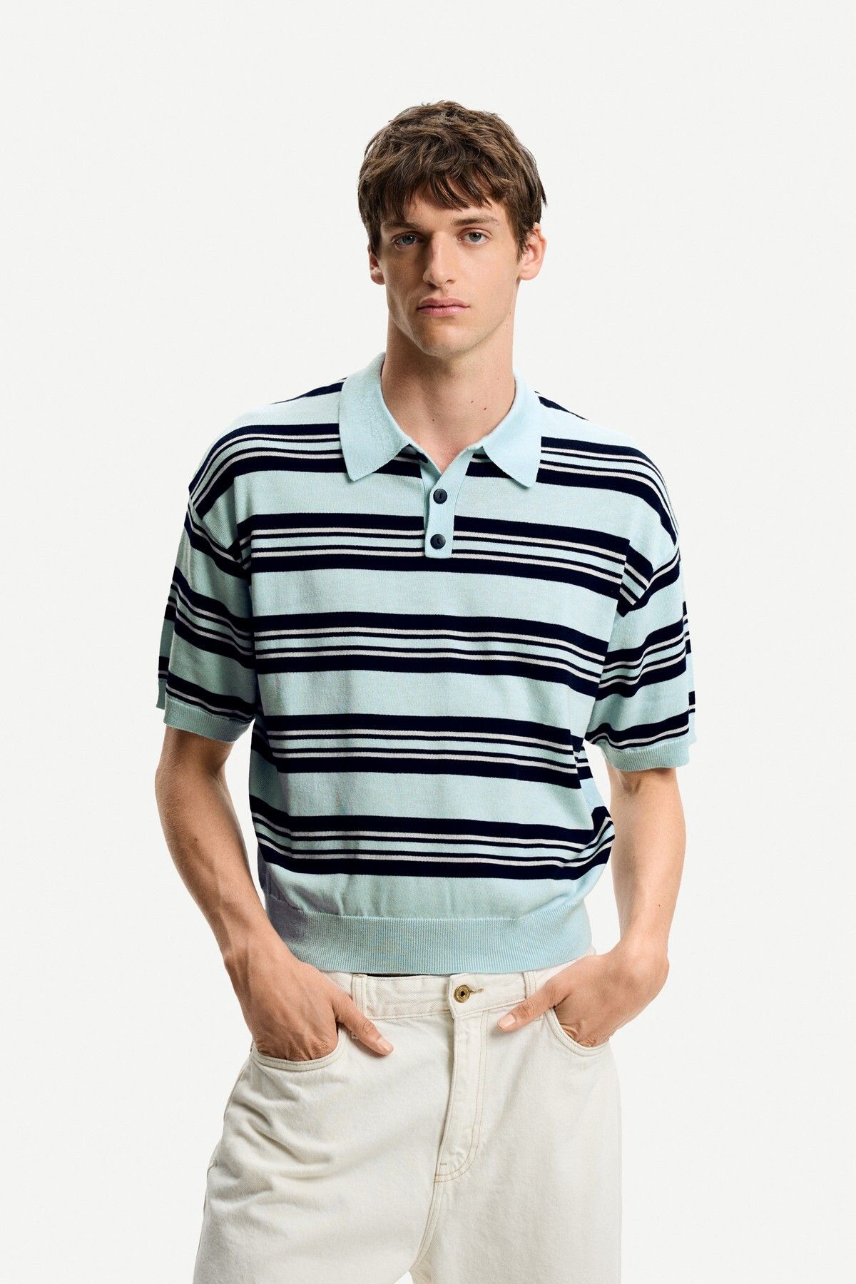 تی شرت یقه پولو راه راه Bershka