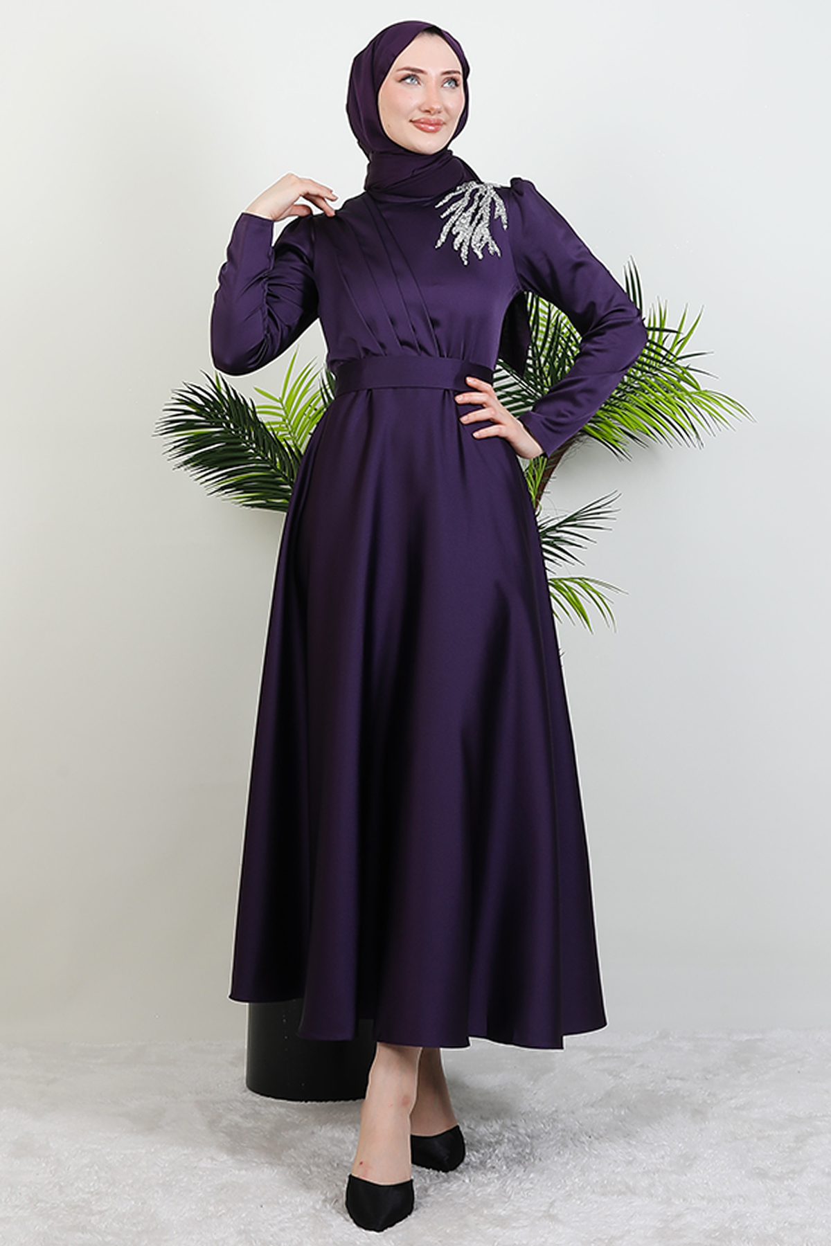 Satin Evening Dress with Shoulder Gemstone Purple