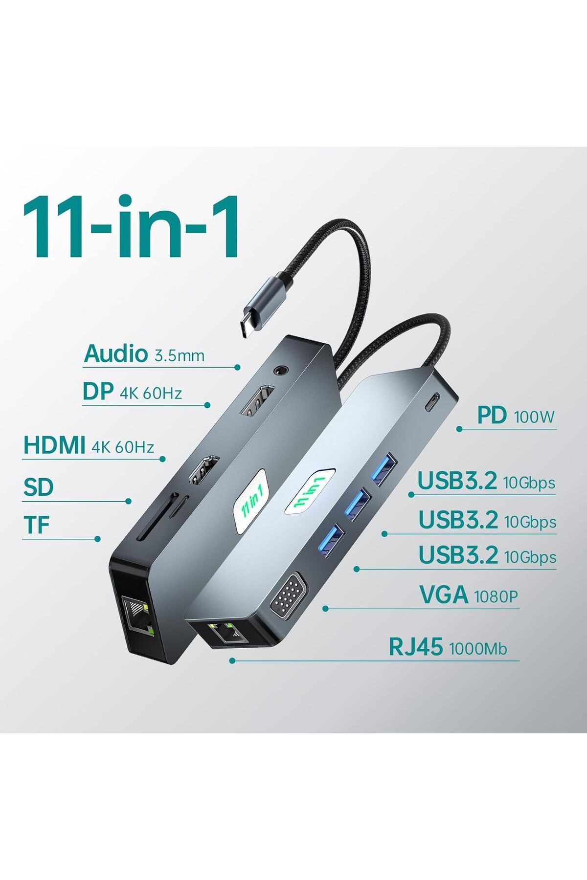 COOYA-11 in 1 Docking Station, 3.2 Gen 2(10Gbps), 100W PD, 4K@60Hz HDMI,1080P VGA, 1000Mbps LAN 2