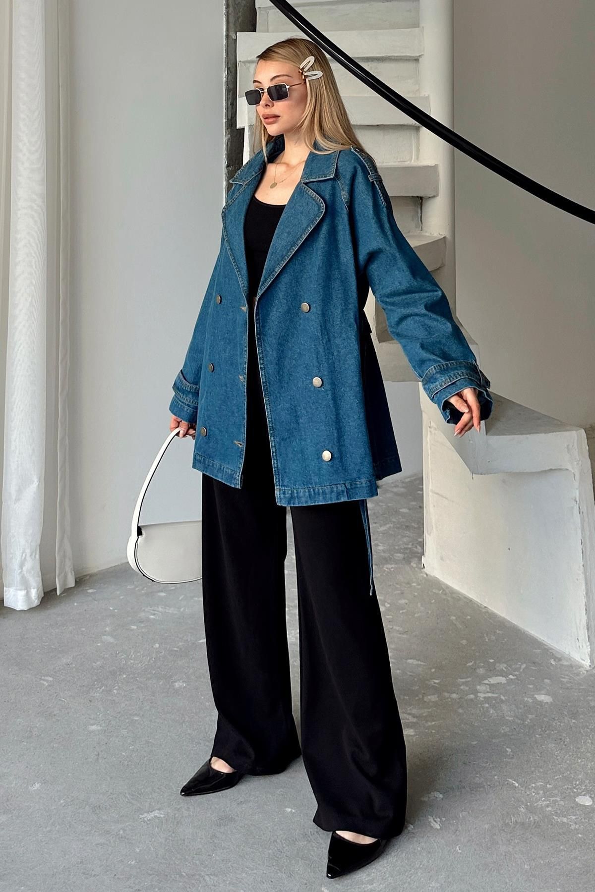 Olcay-Epaulet Detailed Oversize Denim Jacket Dark Blue 8251 6