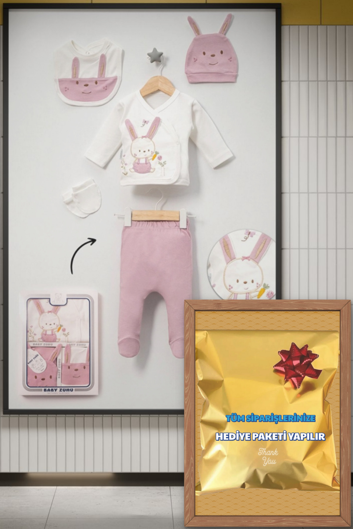Hilda Bebe Sevimli Tavşan Nakışlı Kız Yenidoğan Hastane Çıkışı 5'li Kutulu Zıbın Seti fotoğrafı 6 (önizleme)