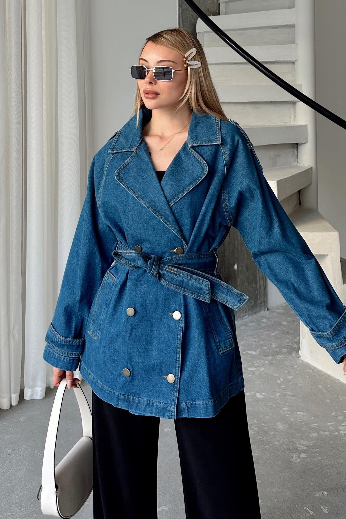 Olcay-Epaulet Detailed Oversize Denim Jacket Dark Blue 8251 4