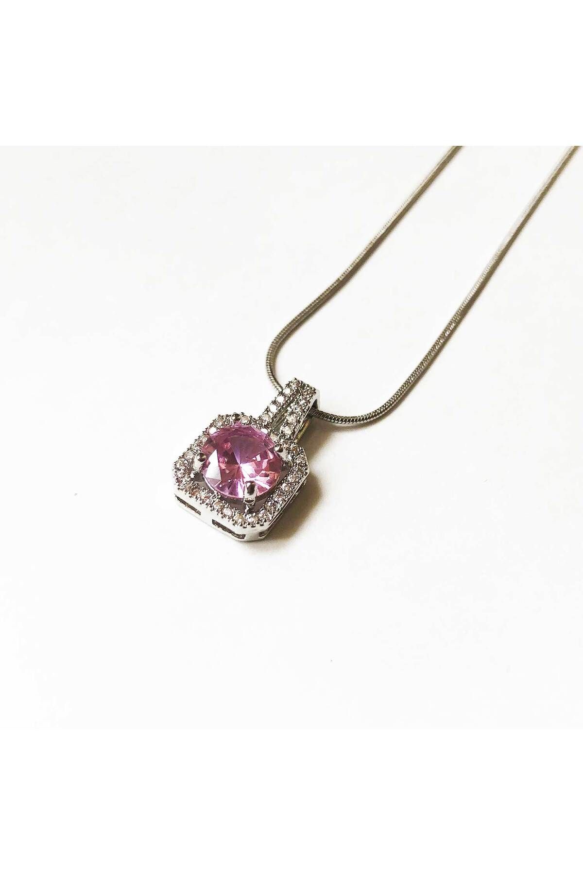 Kensky Pembe Zirkon Taşlı Kare Çelik Kolye