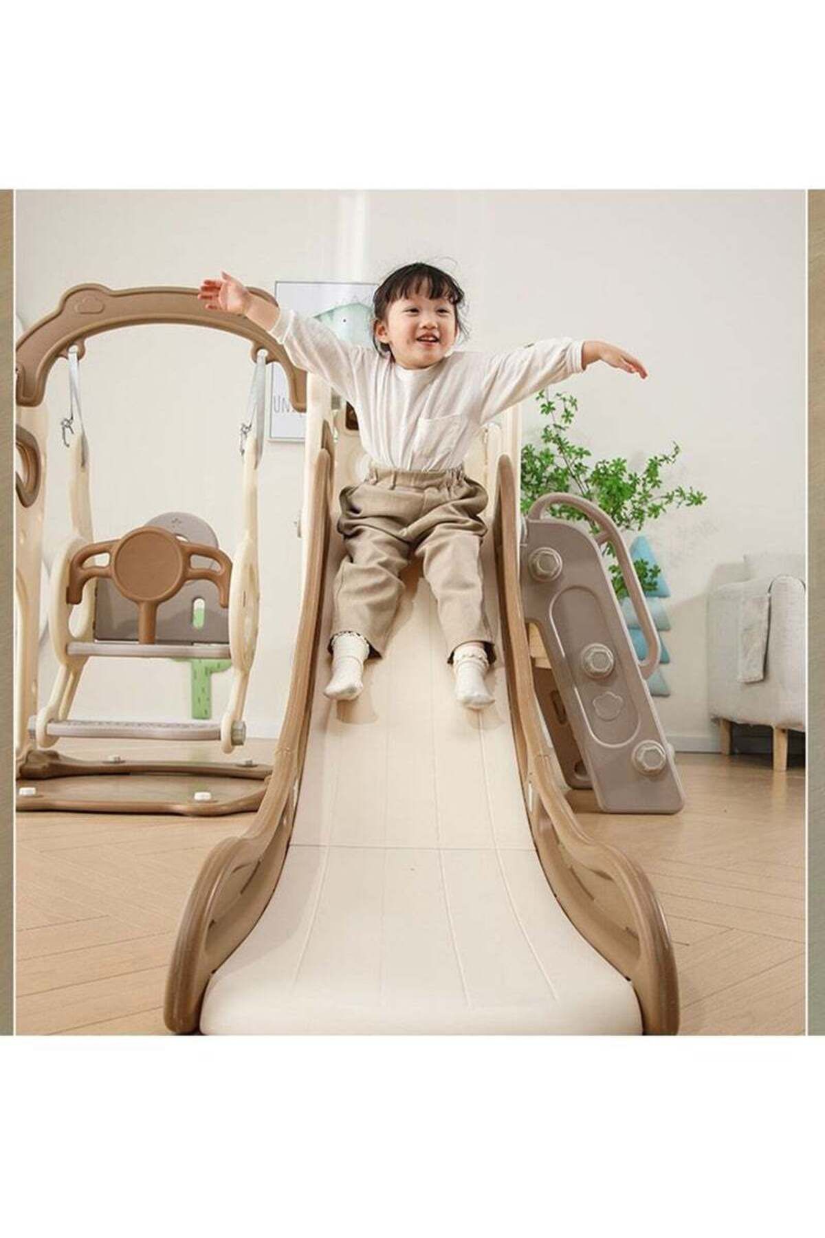 COOYA-3-in-1 children's slide, safe and durable, equipped with climbing frame, easy to install, khaki 7