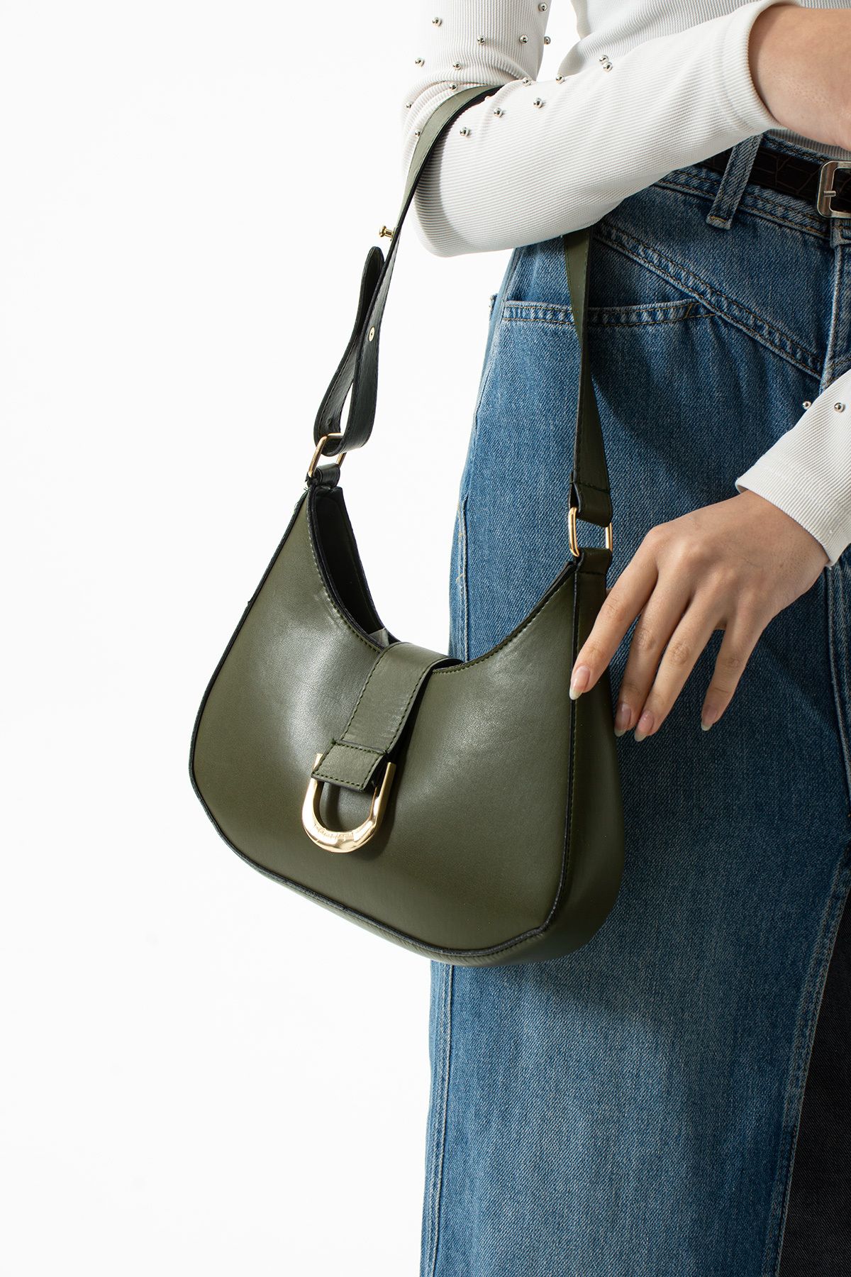 Güllü Shoes-Green Matte Vegan Leather Women's Buckle Handle Shoulder Bag |   Daily Stylish Faux Leather Zippered New Season 2