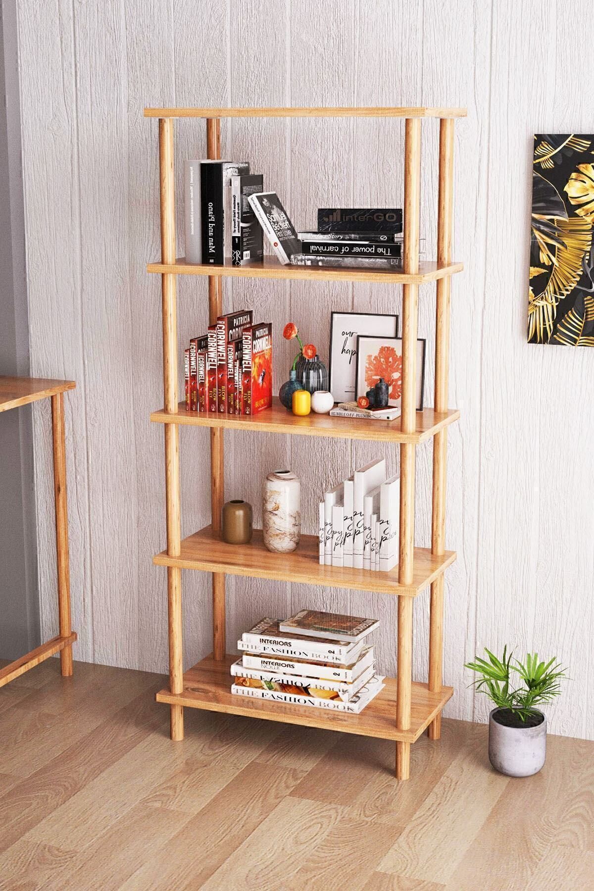 interGO-Modern Bookcase With 5 Shelves - Storage Shelving Unit for Home or Office - Atlantic Pine Pattern 1