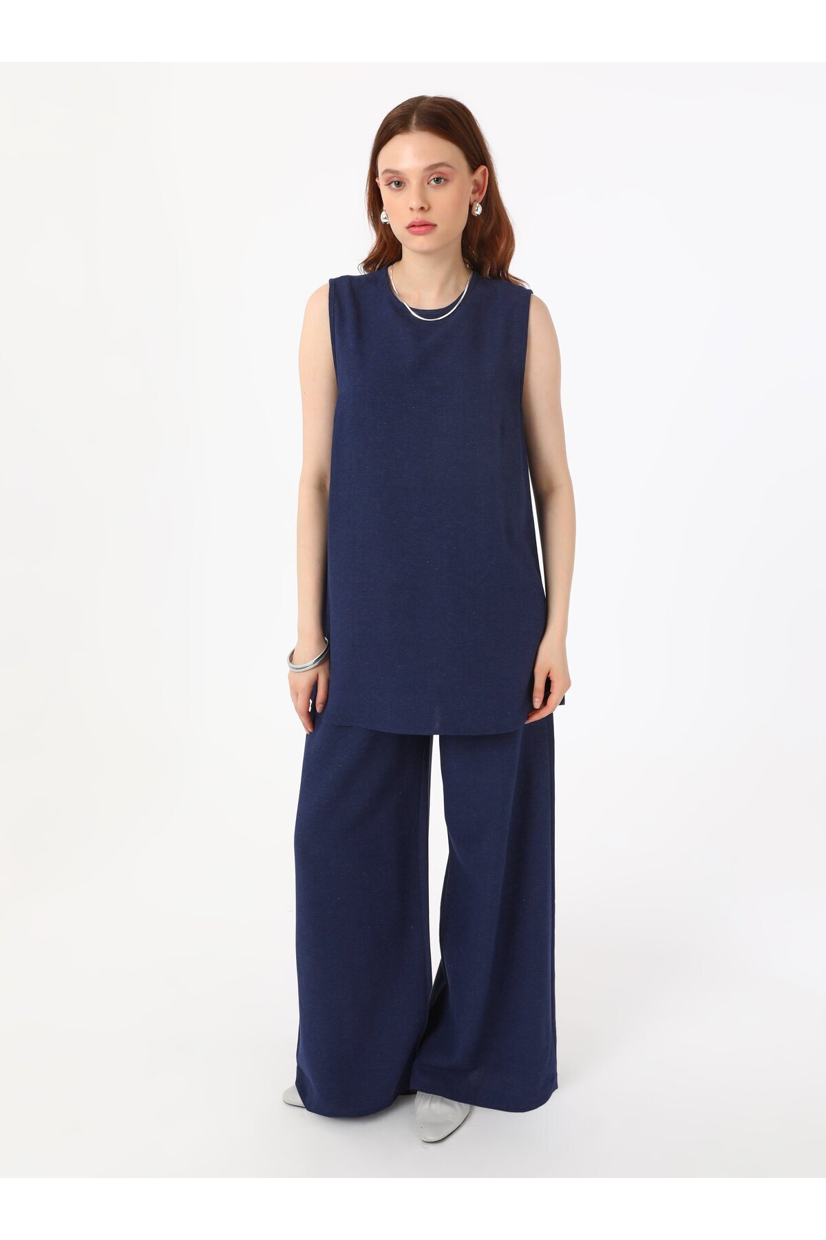 Refka-Navy Blue Linen Tunic and Trousers Double Suit - Refka 3