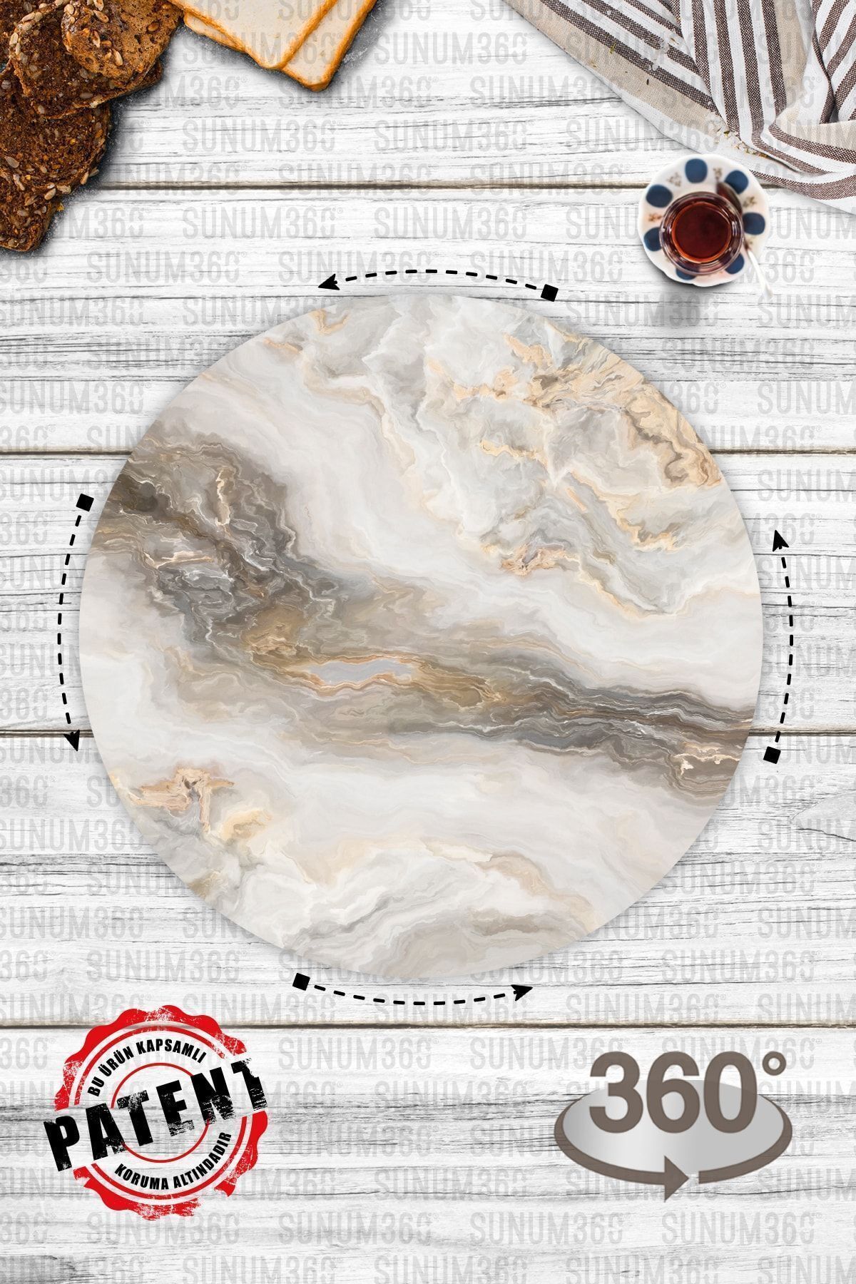 Sunum360-White Marble Patterned Serving and Presentation Plate with Rotating Stand, Cheese Plate, Lazy Susan 7