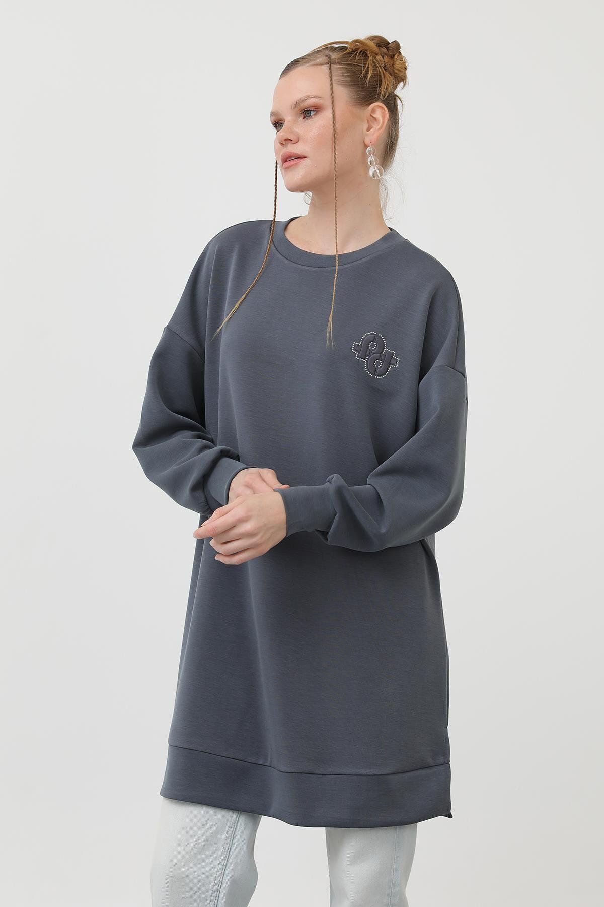 Puane-Women's Front Embroidery and Stone Detailed Tunic - 10614Tun - Anthracite 2
