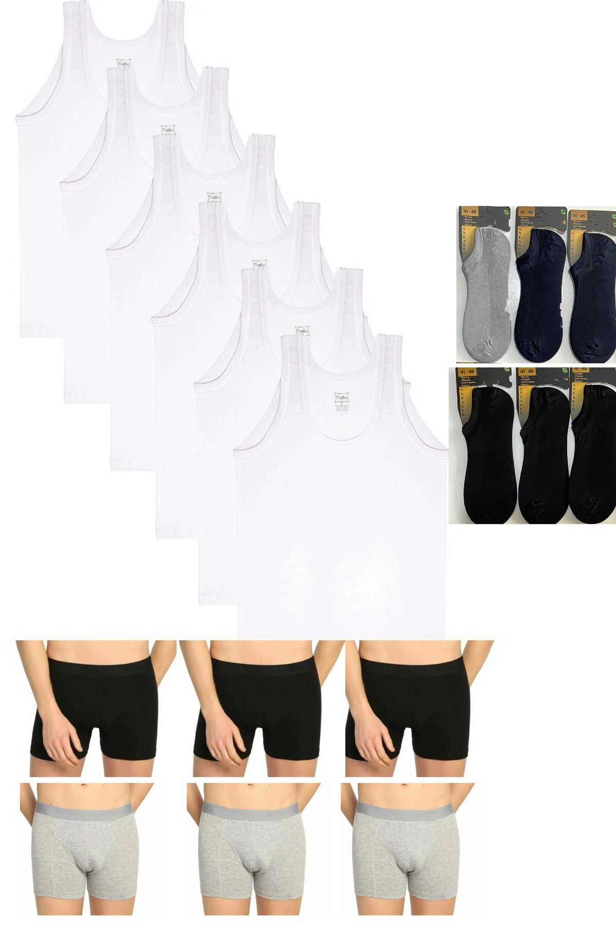 Pardon 6'Lı Penye Beyaz Erkek Atlet-6'Lı Likra Boxer-6'Lı Bambu Kısa Çorap Takım Çeyiz Set