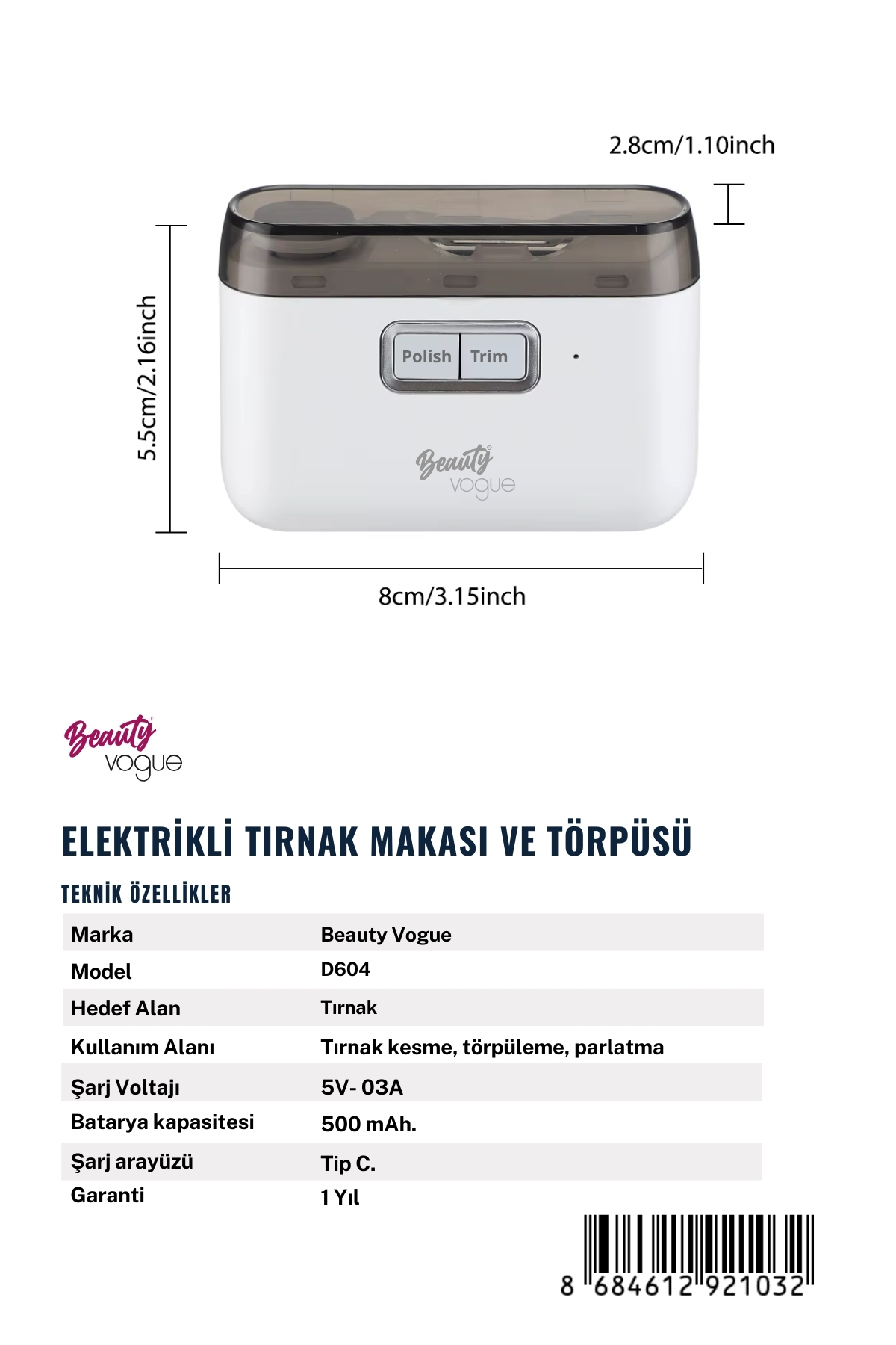 Şarjlı Tırnak Kesme Ve Manikür Cihazı Elektrikli Tırnak Makası Manikür Makinesi — D604 — تصویر 8 از 8