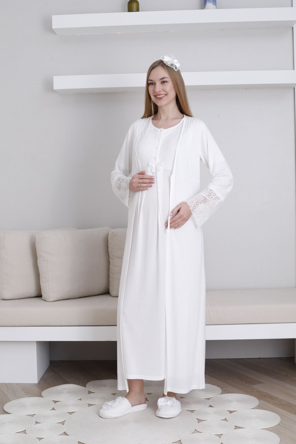 Lohussa Set Cămașă De Noapte Pentru Femei, Din Bumbac, Cu Design Special, Din Dantelă Ecru Femeie - L