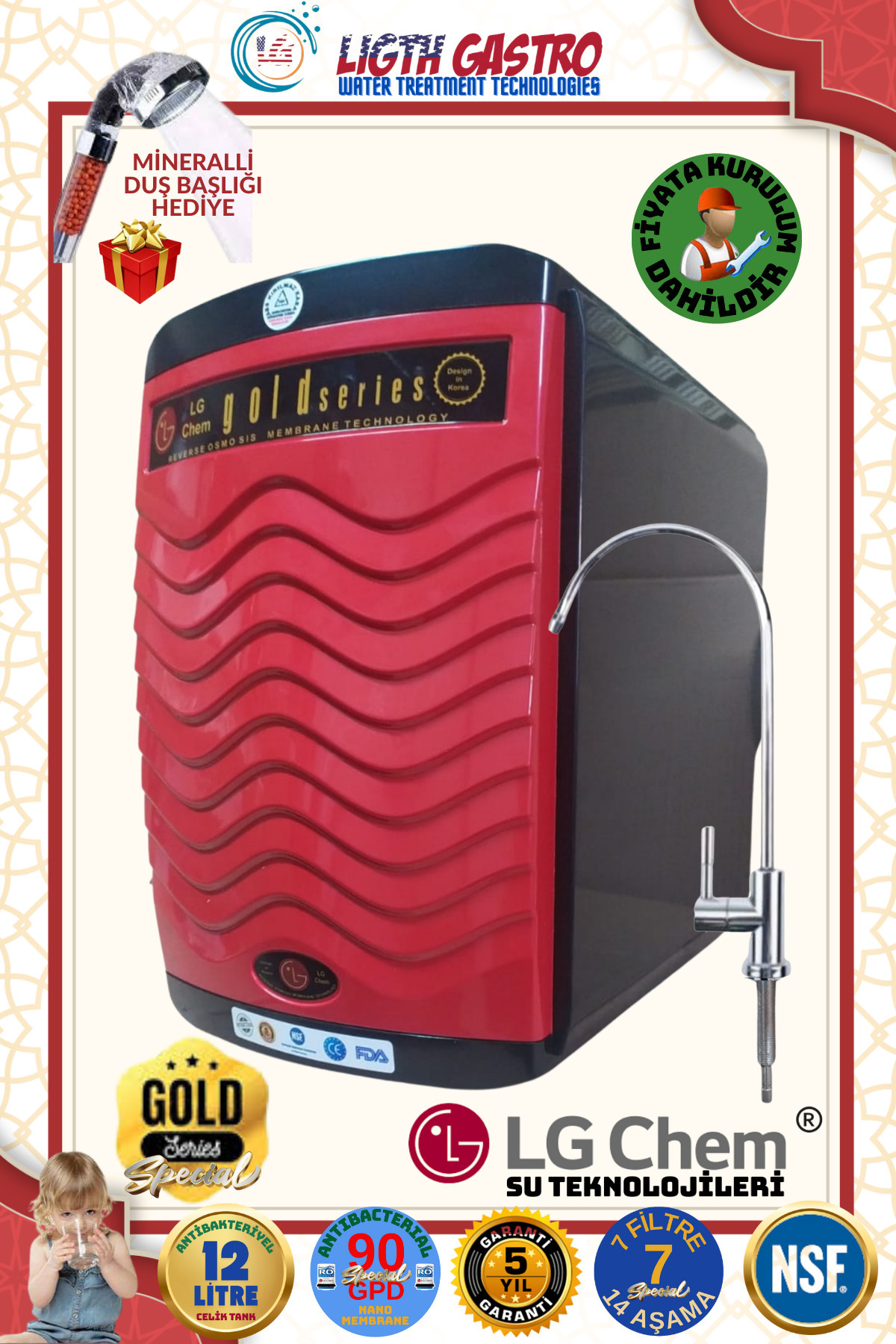 light gastro Lg Chem Gold Montaj Dahil 12 Litre 7 Filitre 14 Aşamalı Su Arıtma Cihazı Duş Başlığı Hediye