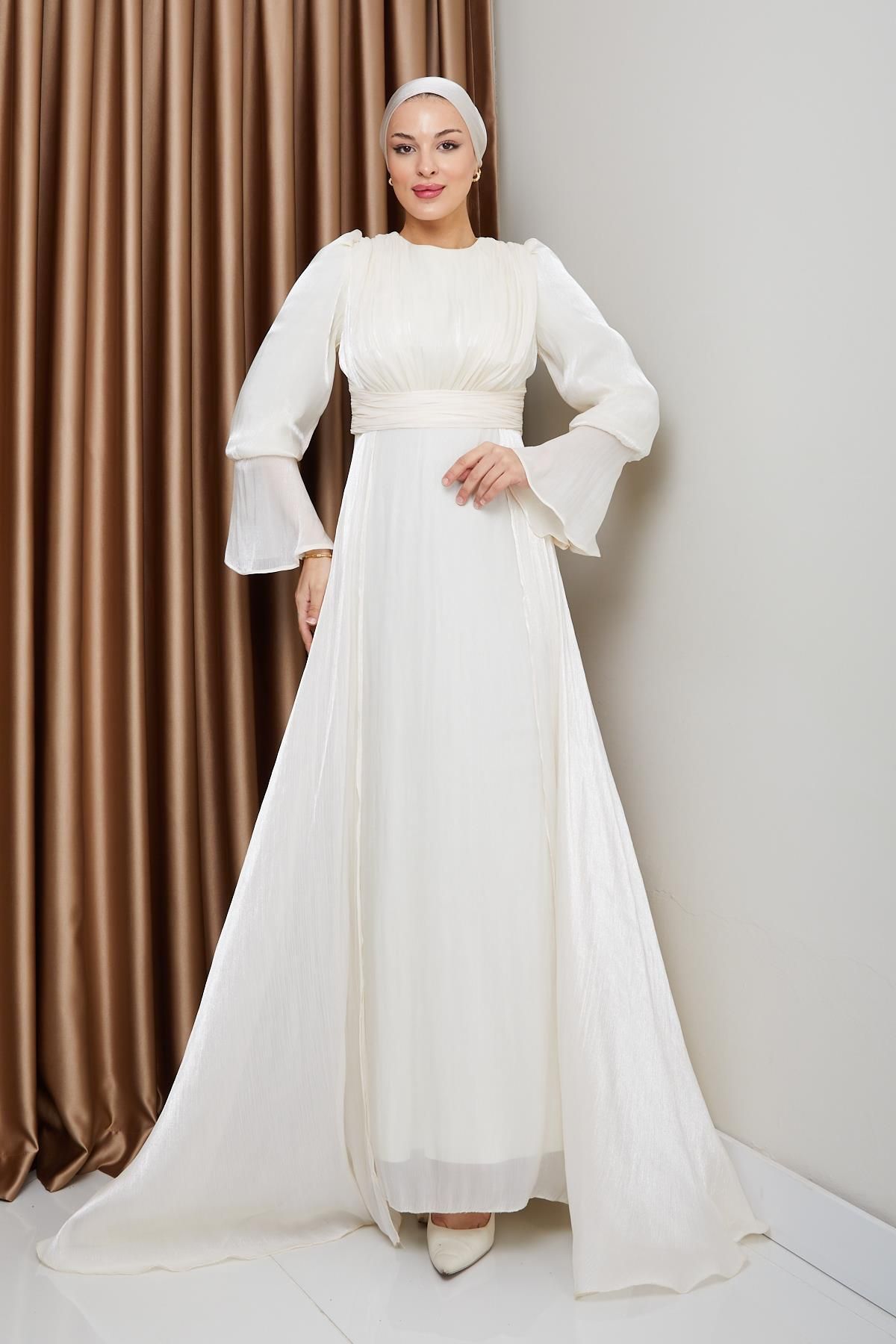 Olcay-Yoryo Silk Hijab Abendkleid – Kleid mit Cape-Rock EKRU 1235 4