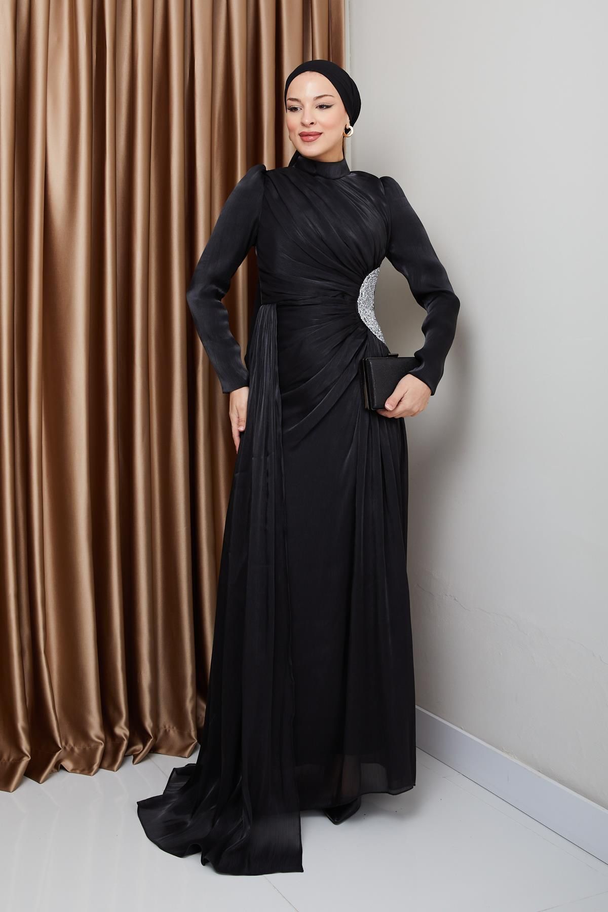 Olcay-Silk Hijab Yoryo Abendkleid – Strass- und Kordelzug-Detail, SCHWARZ 1233 6
