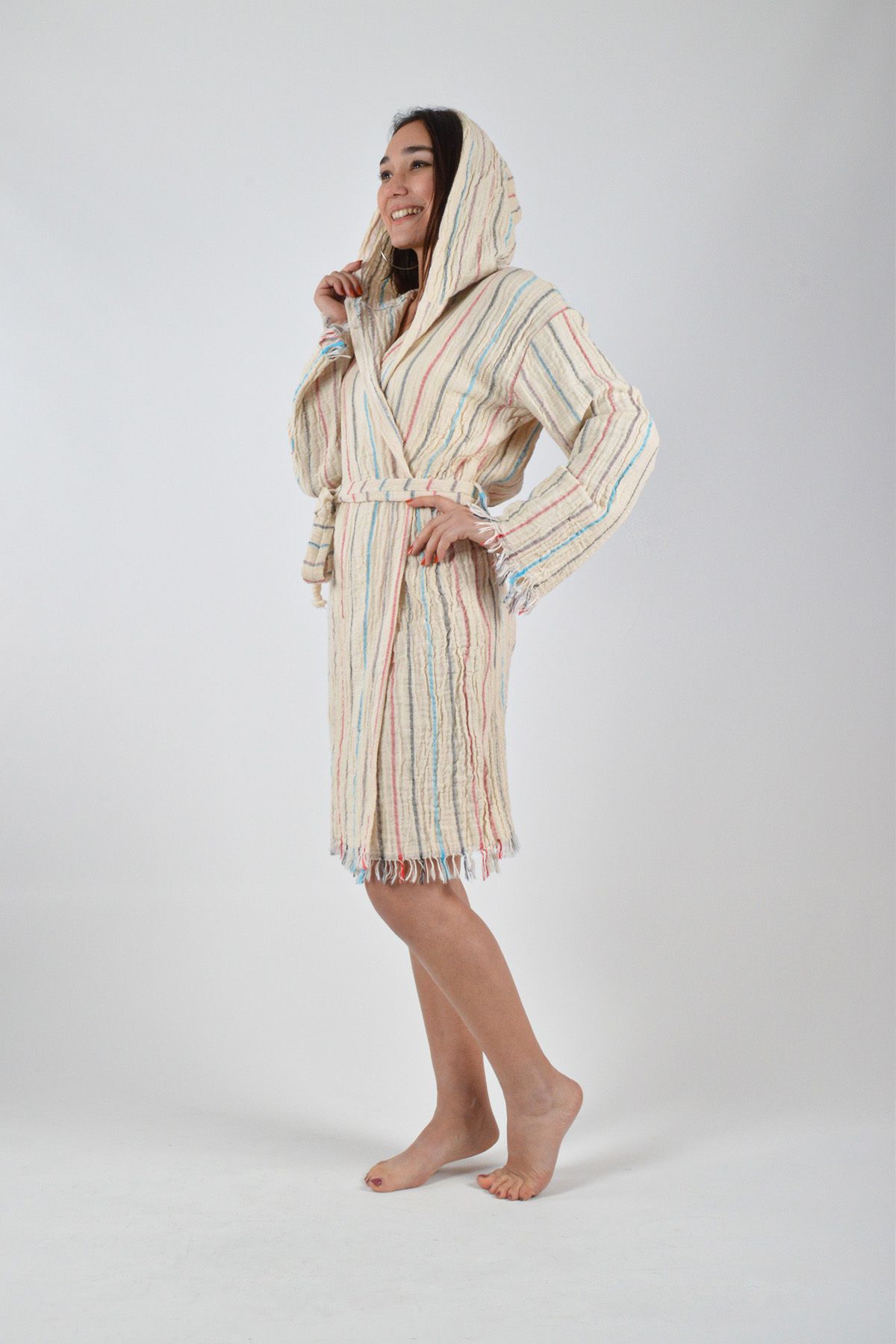 Makro Trend Peştemal Bornoz Pamuklu Müslin Çizgili Soft Desenli 1 Adet Kimono Kaftan