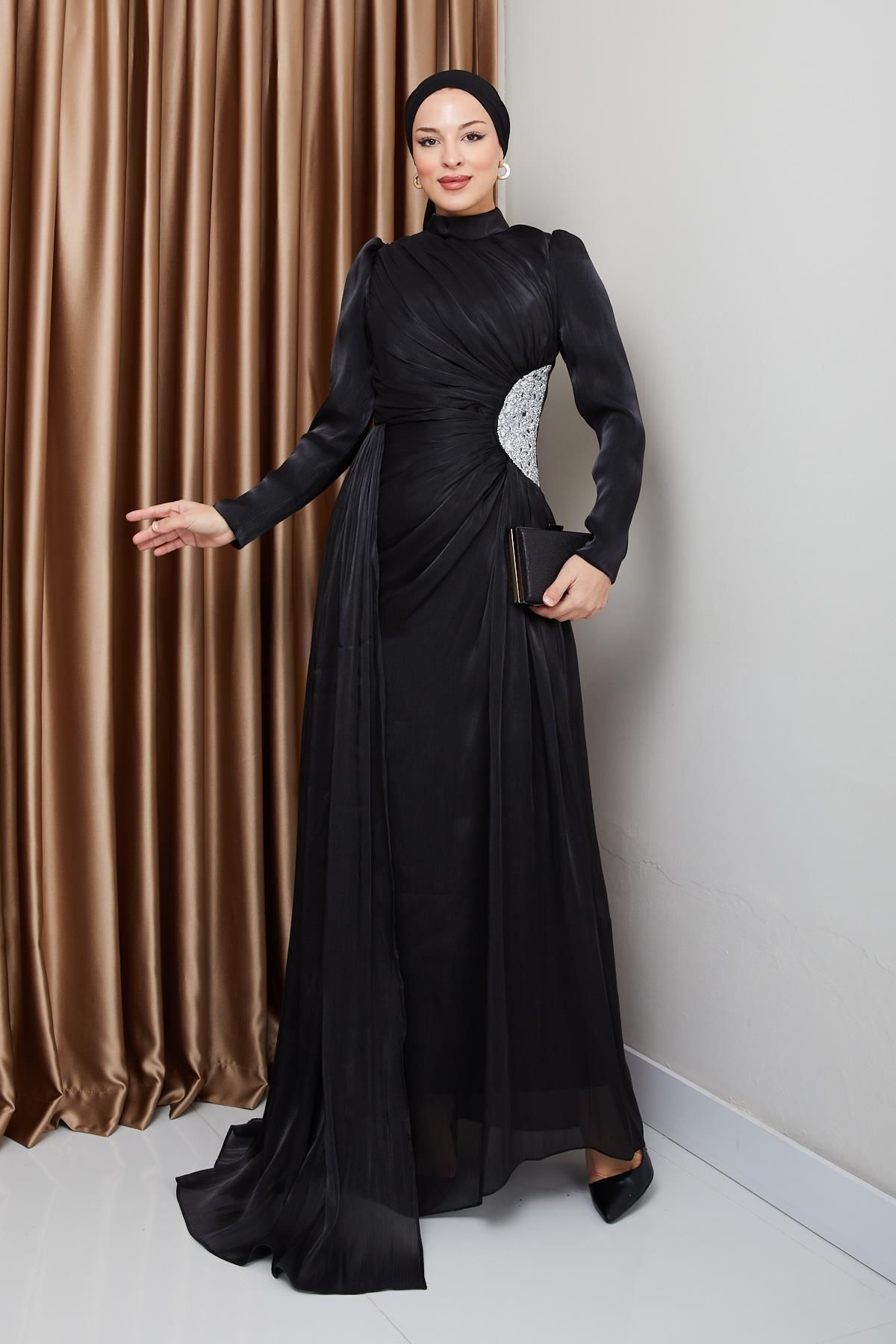 Olcay-Silk Hijab Yoryo Abendkleid – Strass- und Kordelzug-Detail, SCHWARZ 1233 4