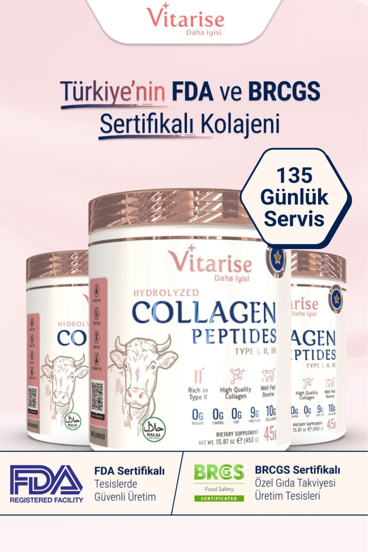 VİTARİSE 3'Lu Avantaj Paketi İçimi Kolay Tatsız Ve Kokusuz Hidrolize Kolajen (TİP 1-2-3) Toz Gıda Takviyesi