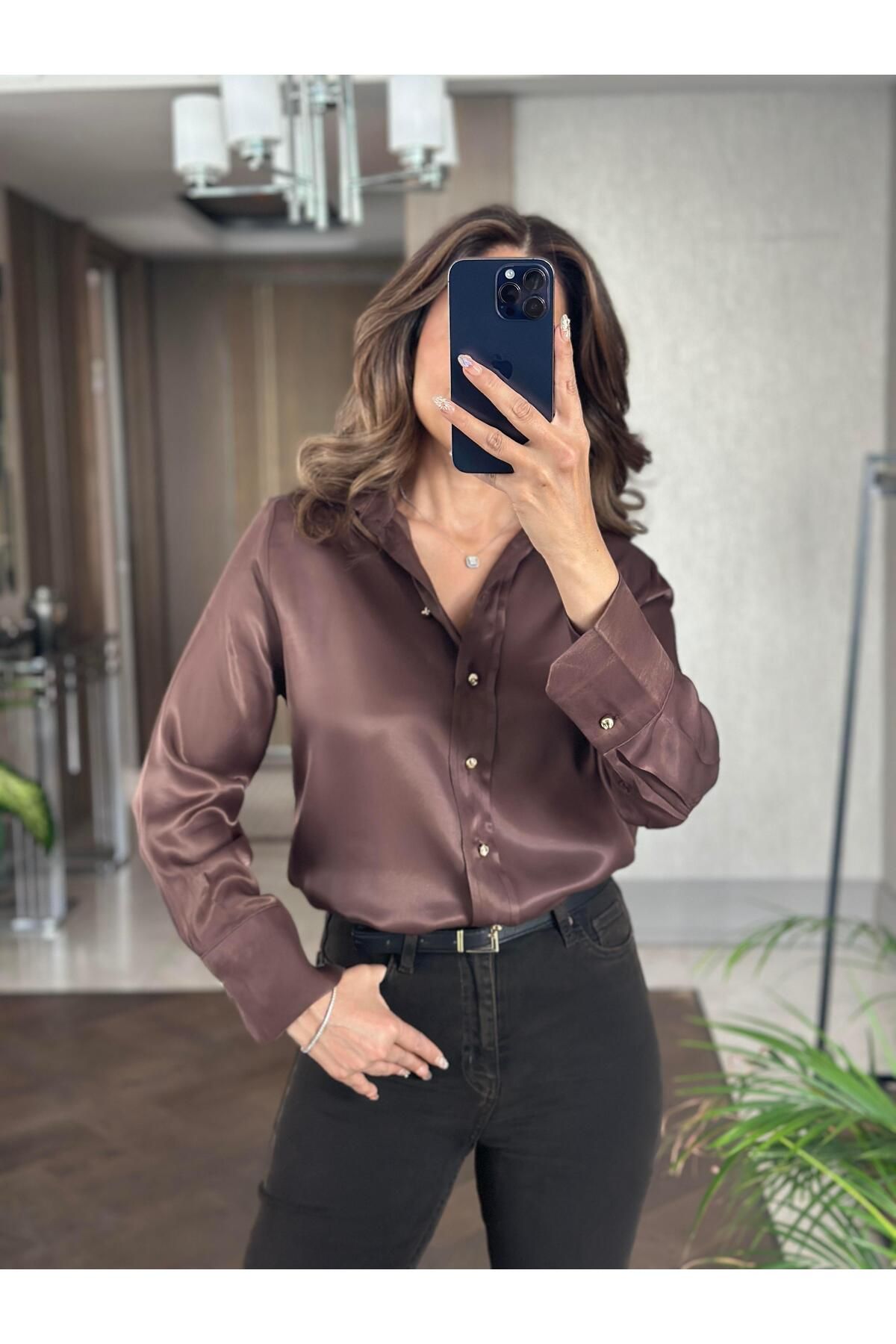 Forlady Butik Kahverengi Saten Gold Düğmeli Uzun Kol Kadın Gömlek