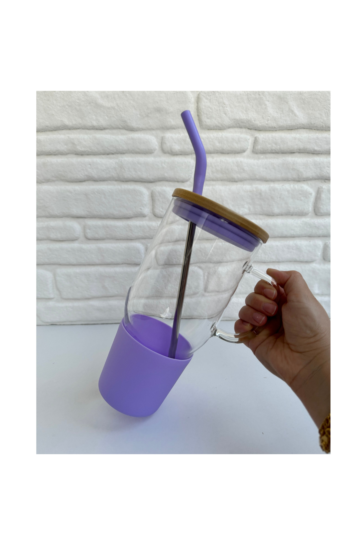 Bambu Kapaklı Paslanmaz Çelik Pipetli Renkli Silikon Başlıklı Cam Big Mug Bardak Kupa Termos 1 L