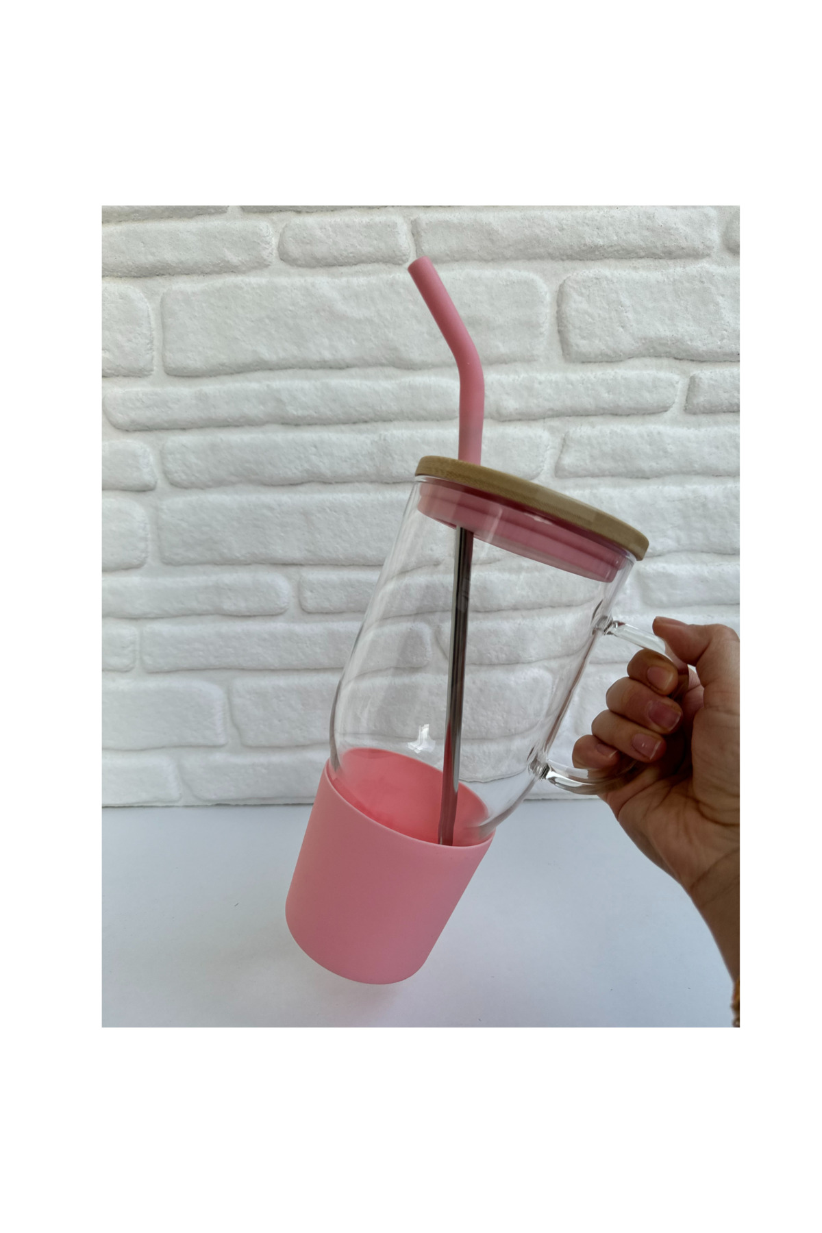 Bambu Kapaklı Paslanmaz Çelik Pipetli Renkli Silikon Başlıklı Cam Big Mug Bardak Kupa Termos 1 L