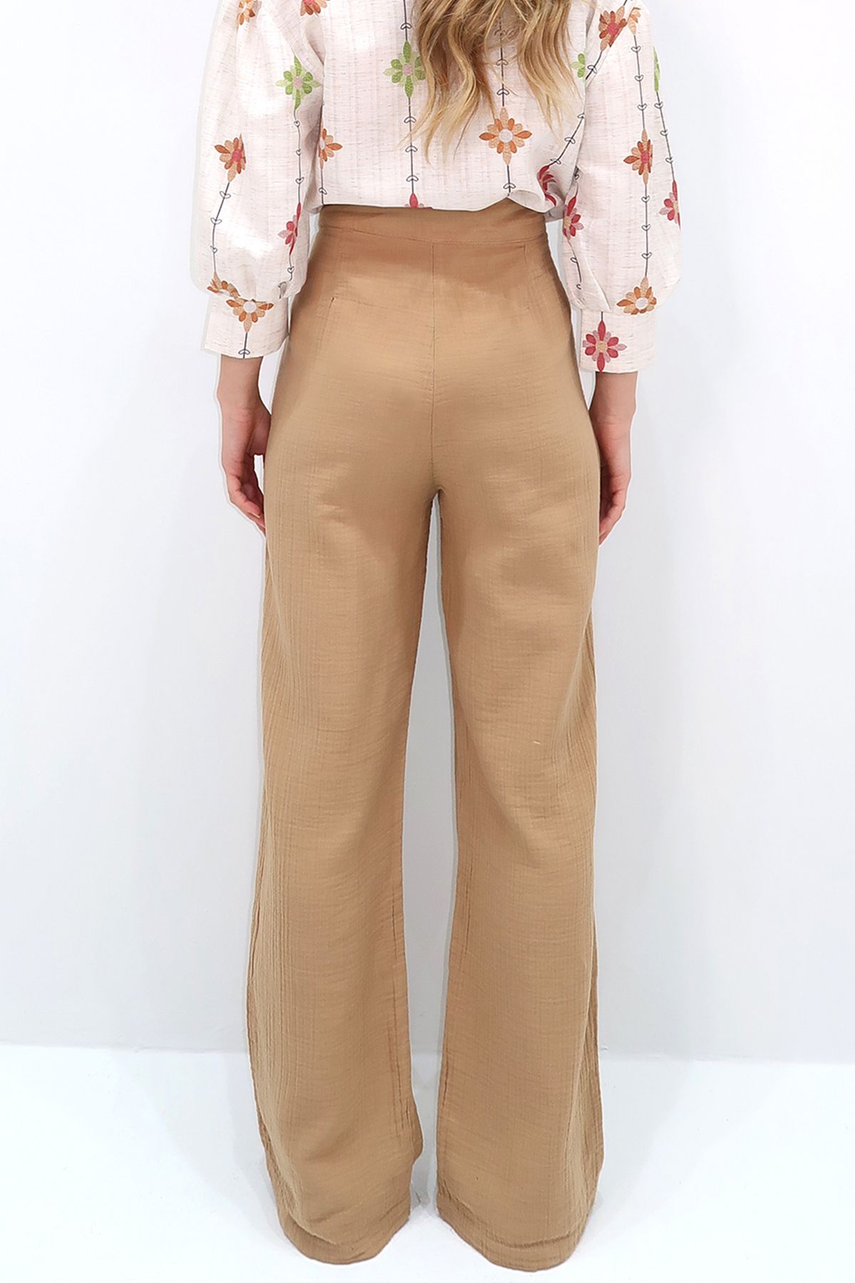 VAGGON-Women's Beige Pleated Velcro Muslin Linen Trousers Prmx12110 3