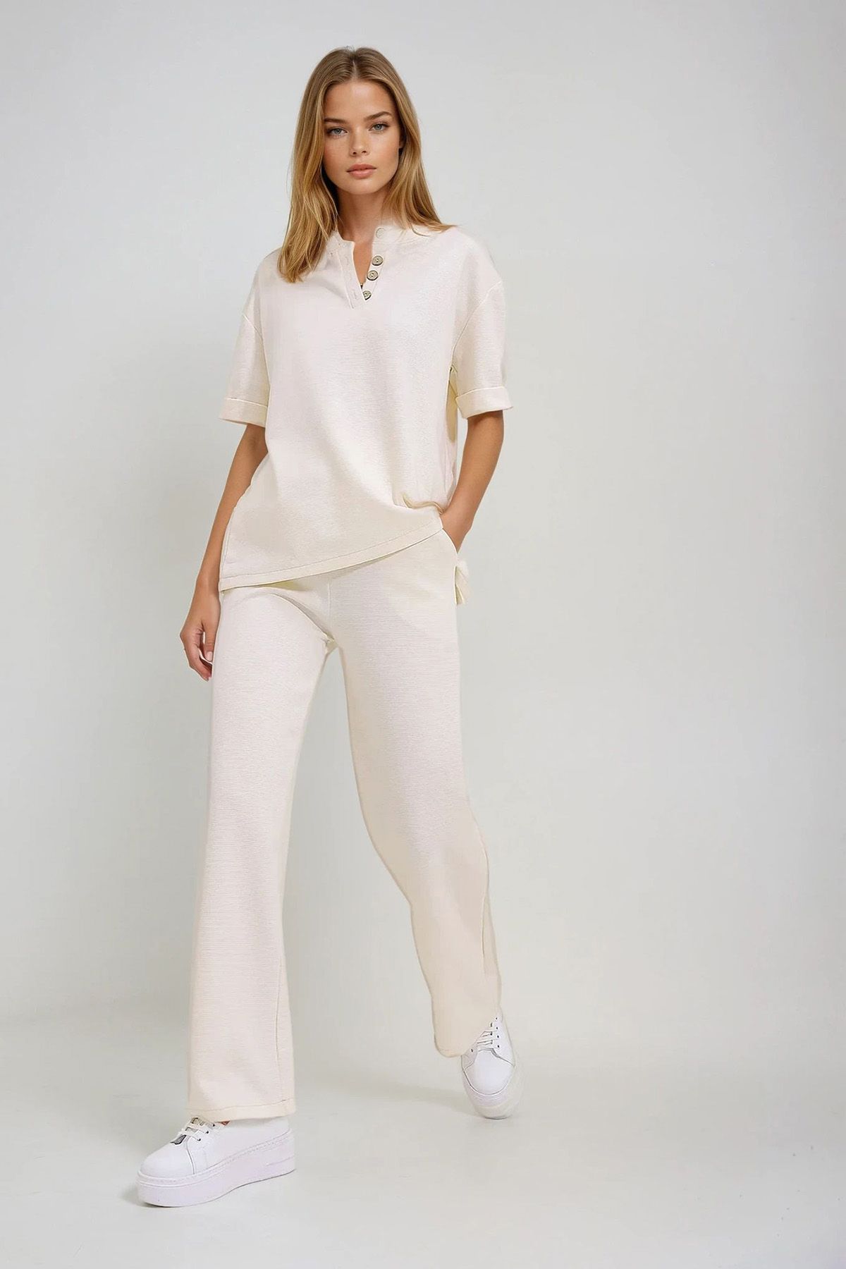 VAGGON-Women's Ecru Double Sleeve Collar Buttoned Top and Bottom Set with Trousers Prmx11487 2