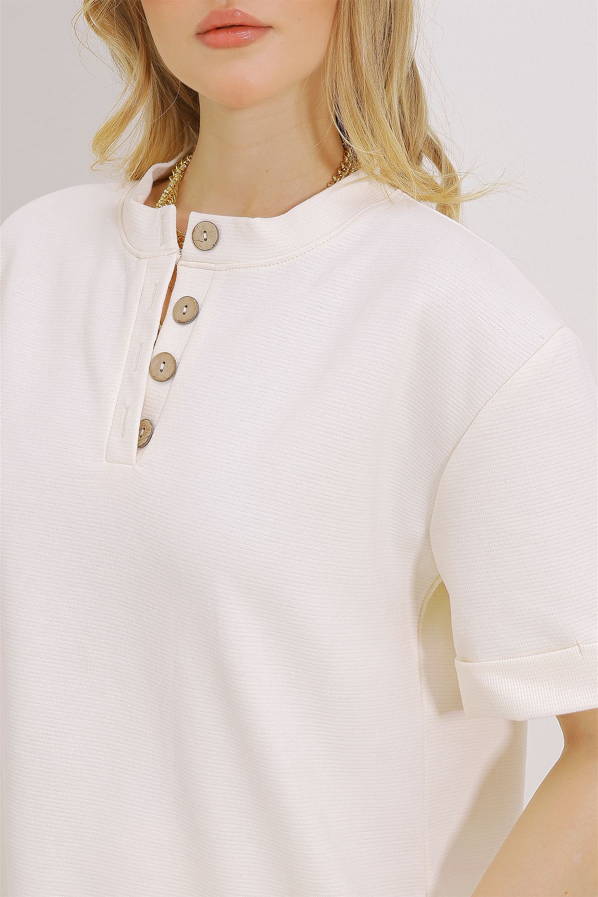 VAGGON-Women's Ecru Double Sleeve Collar Buttoned Top and Bottom Set with Trousers Prmx11487 3