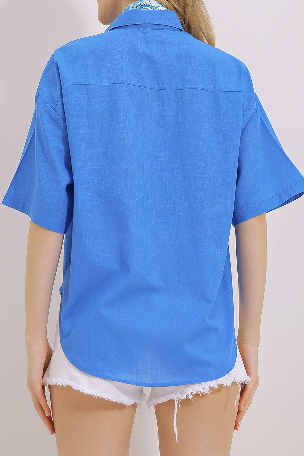 VAGGON-Women's Saks Double Pocket Half Sleeve Linen Shirt Prmx9991 4