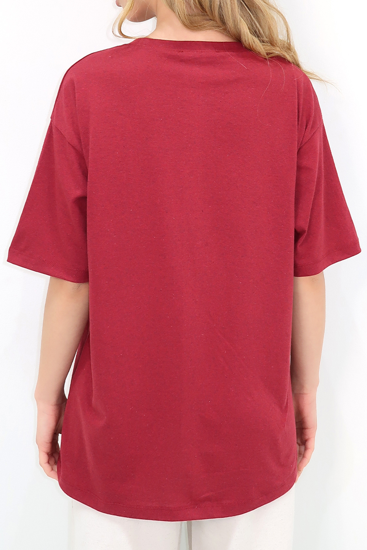 VAGGON Жіночий бордовий велосипедний комір Oversize з перлами та камінням T-Shirt Prmx11964