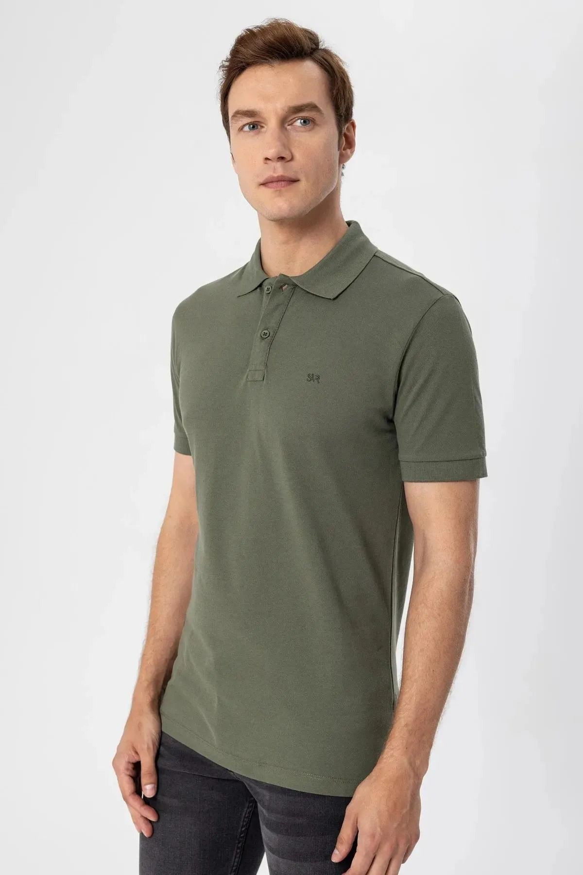 SÜVARİ-Slim Fit Polo Neck Plain Cotton T-Shirt 3