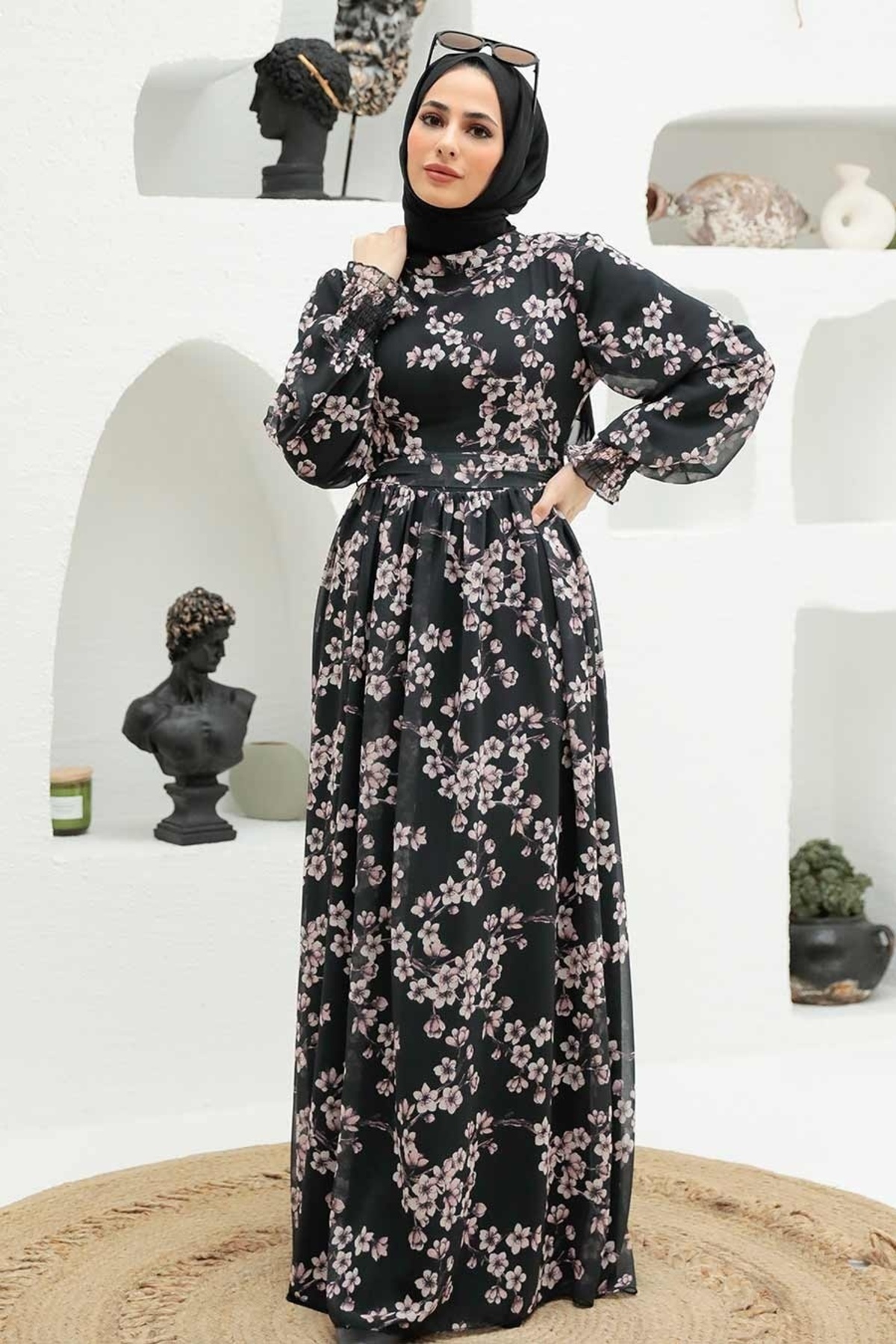 Neva Style-Floral Patterned Black Hijab Dress 56830S 1